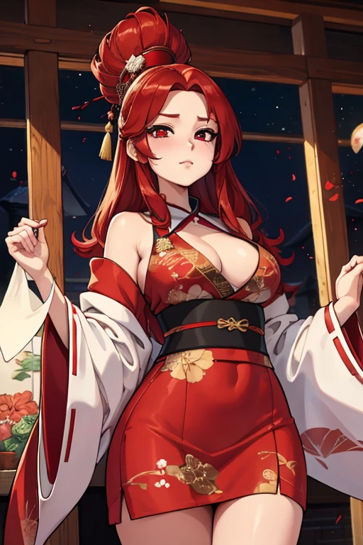 1 person female,Masterpiece,detailed body,Detailed facial expressions,Beautiful Face,A profusion of flowers,Flowers falling,Alluring,sex appeal,Japanese style,(Big red full moon)