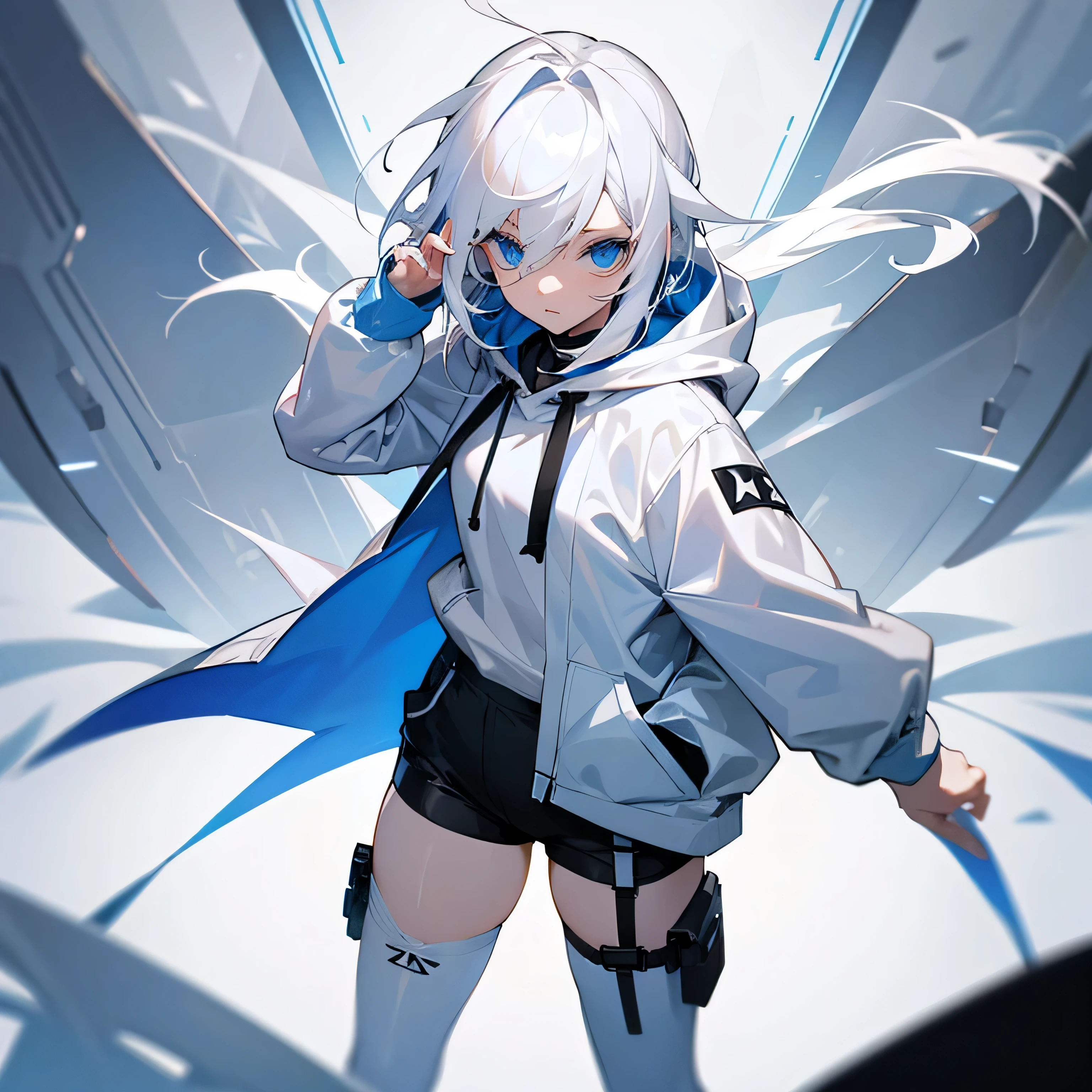 White hair and blue eyes　neutral face　white hoodie　black shorts　white tights　garter belt