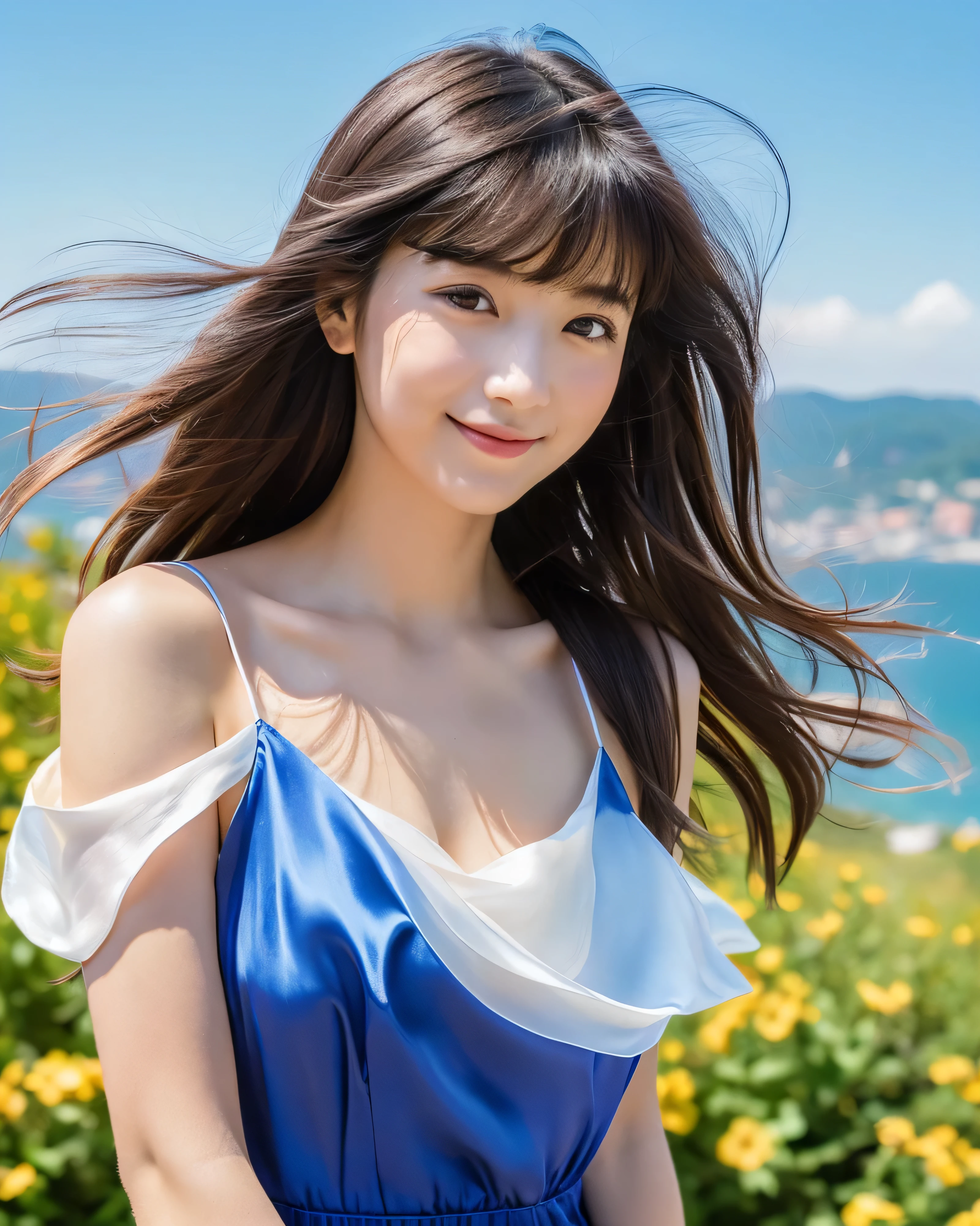 ((highest quality, 32k, High resolution, masterpiece:1.5, ), great use of colors, nostalgic scenery, beautiful japanese girl, A hill overlooking the sea stretching to the horizon, Shiny black hair with blue sparkles, long hair, beautiful bangs, hair between eyes, Beautiful eyes like jewels, An obvious double, pale pink lips, gentle smile, (Open neck silk dress), lean forward, off shoulder, mini skirt, sit, Detailed and perfect clavicle, High resolutionの美しい胸元, ((High resolutionの美しい太ももの絶対領域)), beautiful feet, top of the hill, Colorful small flowers, soft sunlight, Blowing in the wind of fluttering hair, beautiful detailed sky, professional photographer, professional lighting, professional model