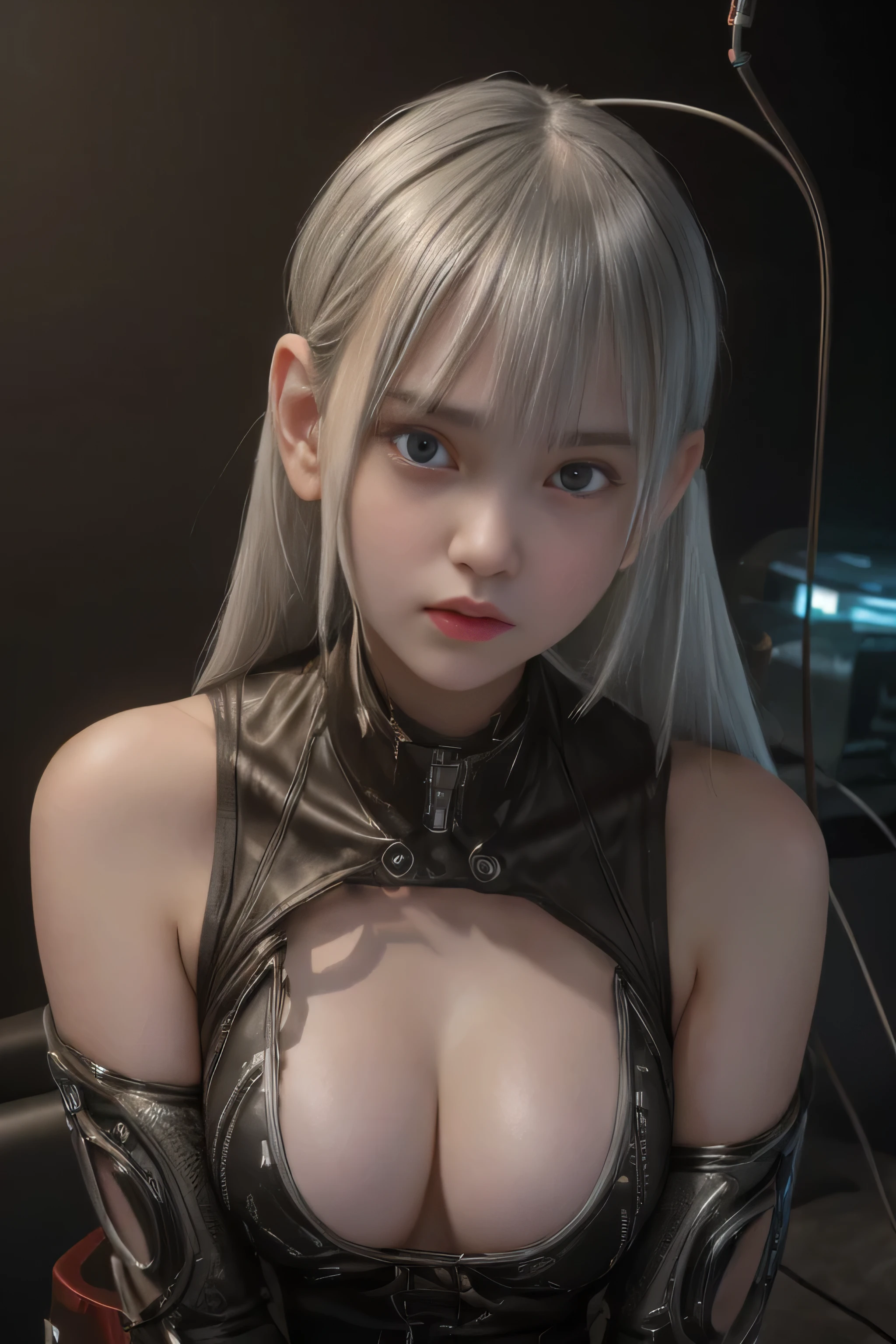 top quality, table top, ultra high resolution, (realistic: 1.4), Raw photo, 1 Cyberpunk Girl, black hair, Glossy skin, 1 Mechanical Girl, (Ultra realistic details)), full body, global illumination, contrast, shadowy, octane rendering, 8K, super sharp, exposed cleavage, raw skin, Metal, intricate decorative details, Japan details, highly complex and detailed, realistic light, CG trends, towards the camera, neon details, mechanical limbs, blood vessels connected to tubes, mechanical vertebrae attached to the back, Mechanical cervical attachment to the neck, Wires and cables connecting to the head, gundam, small led lamp. girl、silver hair、round eyes、amazing irisディテール