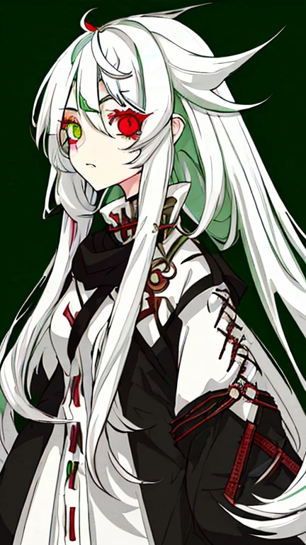 girl with long white hair. Green/red eyes (heterochromia).