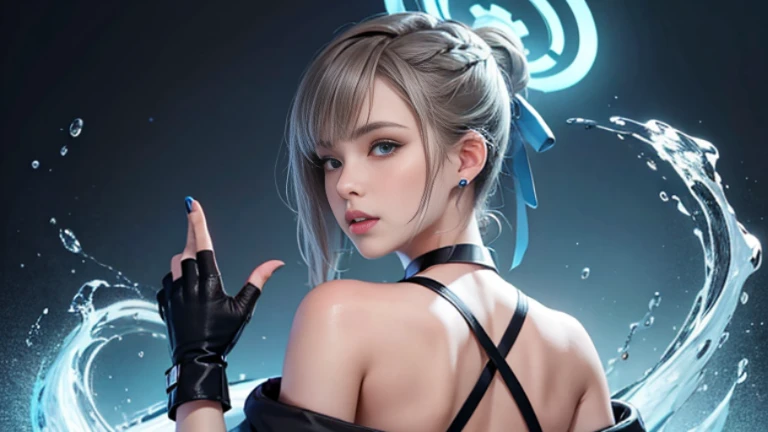 1 girl, aqua eye, reTurn, bangs, bare shoulders, black gloves, blue eyes, Braid, choker, earrings, fingerless gloves, from behind, gloves, gray hair, holding, JackeT, jewelry, long hair, looking aT The viewer, looking reTurn, nail polish, off shoulder, parTed lips, earrings, ponyTail, red JackeT, alone, Upper body,he did that&#39;T,[[realisTic]],(shiny skin),(masTerpiece:1.4),(highesT qualiTy:1.4)