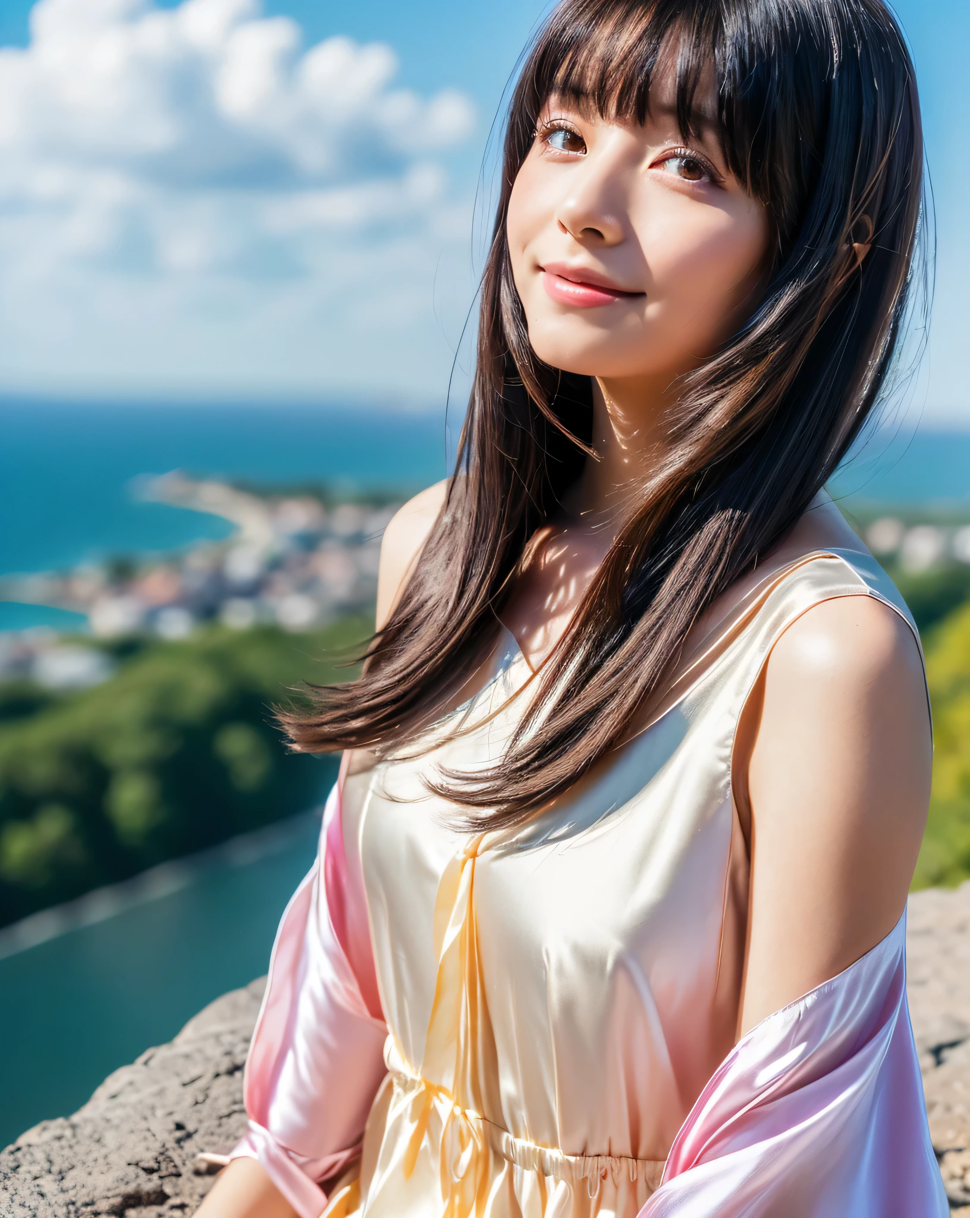 ((highest quality, 32k, High resolution, masterpiece:1.5, ), wonderful use of color, A nostalgic landscape, beautiful japanese girl, A hill overlooking the sea that stretches to the horizon, Shiny black hair with a blue glow, long hair, beautiful bangs, hair between eyes, big magical eyes, beautiful double eyelids, pale pink lips, gentle smile, (Open-neck silk dress), slouch, off shoulder, mini skirt, sit, Detailed and perfect clavicle, Beautiful chest in high resolution, ((High resolution beautiful thigh absolute area)), beautiful feet, top of the hill, Colorful small flowers, soft sunlight, Blowing in the wind of fluttering hair, beautiful detailed sky, professional photographer, professional lighting, Professional models