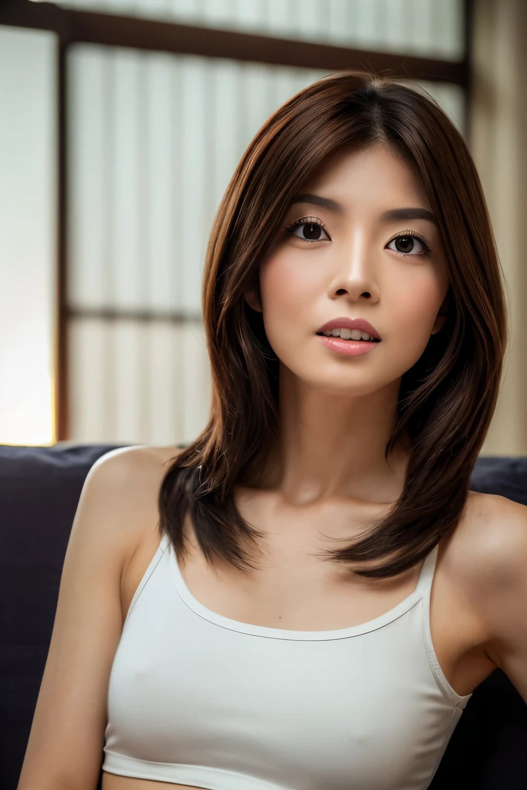 ((Realistic lighting, best qualtiy, 8k, masterpiece:1.3)), Skinny Japanese woman, 30 years old, 1girl, Perfect Figure:1.4, Slim abs:1.1, small breasts, very thin waist, ((dark brown hair)), (White crop top:1.4),(exteriors,during night:1.1),Sit on the indoor bed,detailed face,detailed eyes,double eyelid