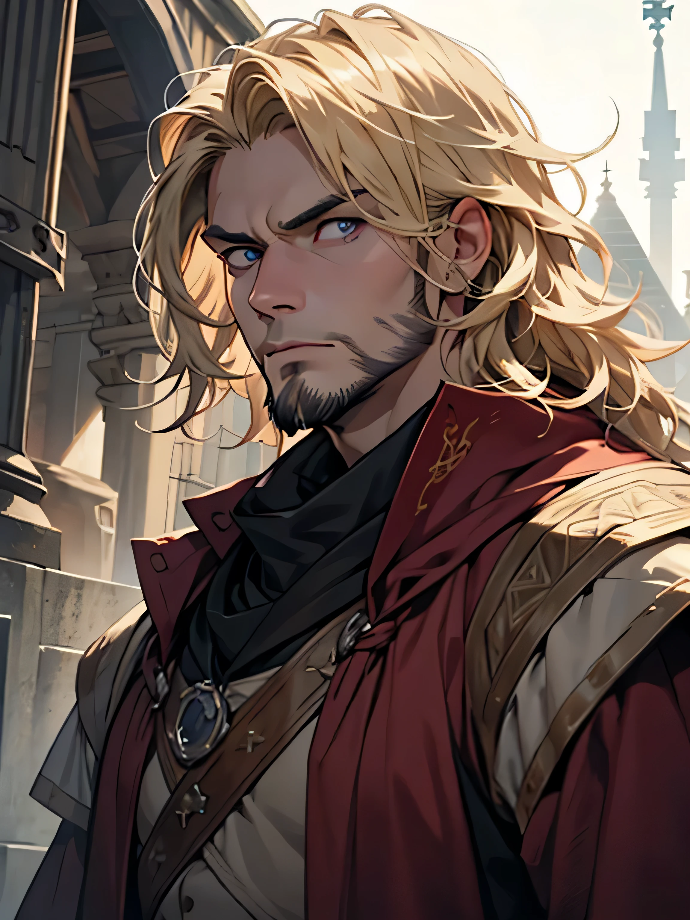 male, late 30s, blond, shoulder-length, middle-part wavy hair, light-purple, deep-set, Sanpaku eyes, slightly thick blond beard, aquiline and hooked nose, slightly underbite, chiseled, slightly long face, fearless expression, strong and dependable body, medieval European everyday wear, portrait