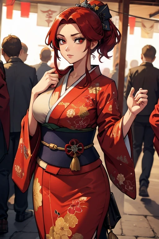 A red haired woman with red eyes with an hourglass figure in a conservative traditional kimono is posing in a festival