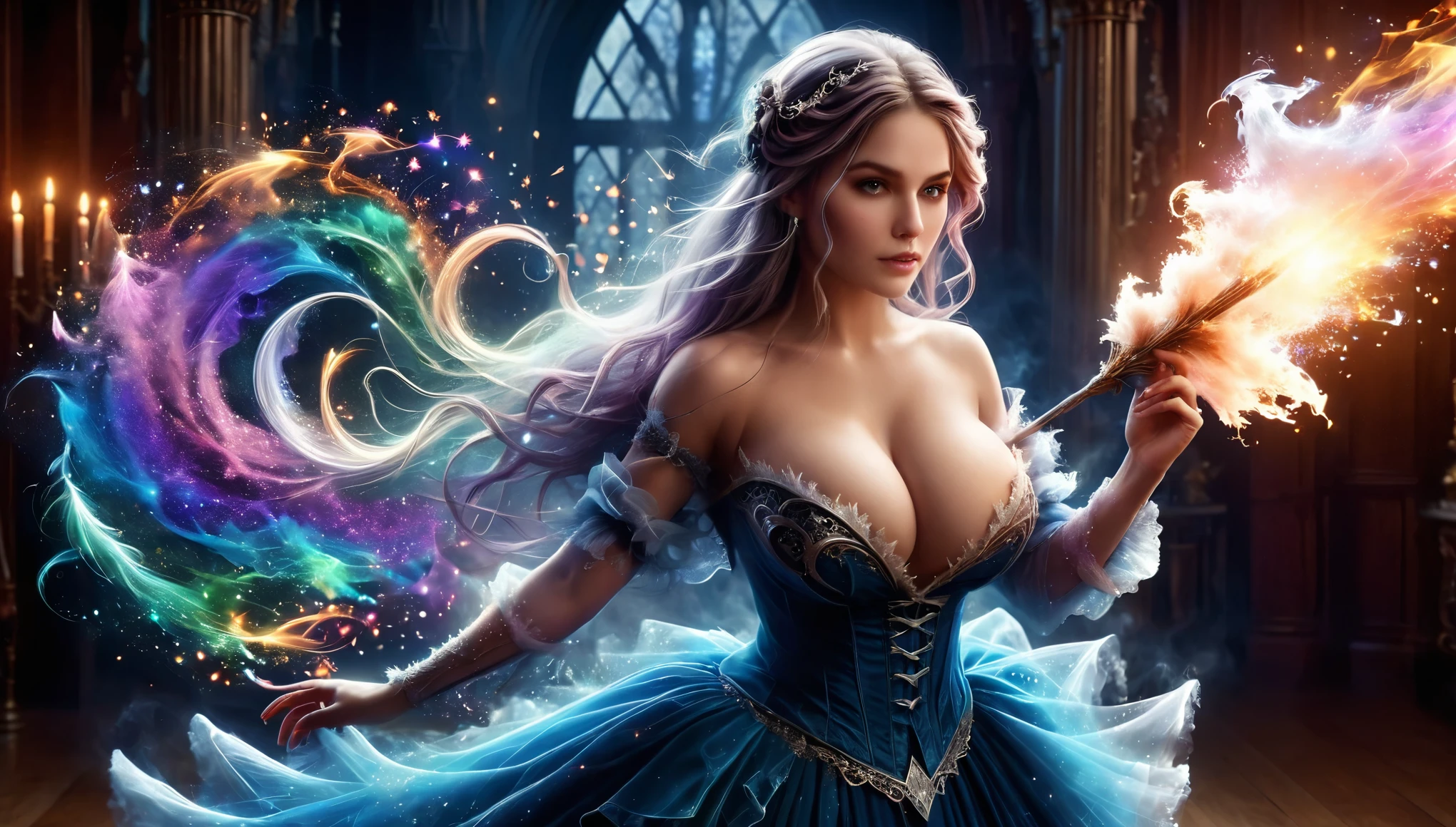 (best quality,4k,8k,highres,masterpiece:1.2),ultra-detailed,(realistic,photorealistic,photo-realistic:1.37),glamorous witches, (nsfw huge breasts:1.5), wand dueling,grand opulent ballroom,intricate magical sigils,dark,moonlit,spellbinding atmosphere,dramatic lighting,ethereal beauty,luxurious velvet gowns,elaborate headdresses,rainbow-hued sparks,mesmerizing movements,spell-casting elegance,whispered incantations,spiraling energy,enchanted symbols,flickering candles,breathtaking spectacle,rippling arcane energy,otherworldly strength,powerful enchantments,mysterious aura,magical prowess,unleashing raw power,dynamic poses,mesmerized spectators,stupefied awe,enchanted onlookers,vivid colors,spellbound onlookers,hypnotic performance,unmatched elegance,transformative magic,enchanted wands,breathtaking duel,clashing spells,room filled with anticipation,grandeur and enchantment,spell-battling witches,mesmerizing duet,energy crackling in the air,riveted gazes,spellbinding choreography,empowered witches,thrilling display of magical artistry.(perfect face:1.6), (perfect realistic skin texture:1.5), (perfect eyes:1.5), photorealism, (sfw huge breasts:1.6)