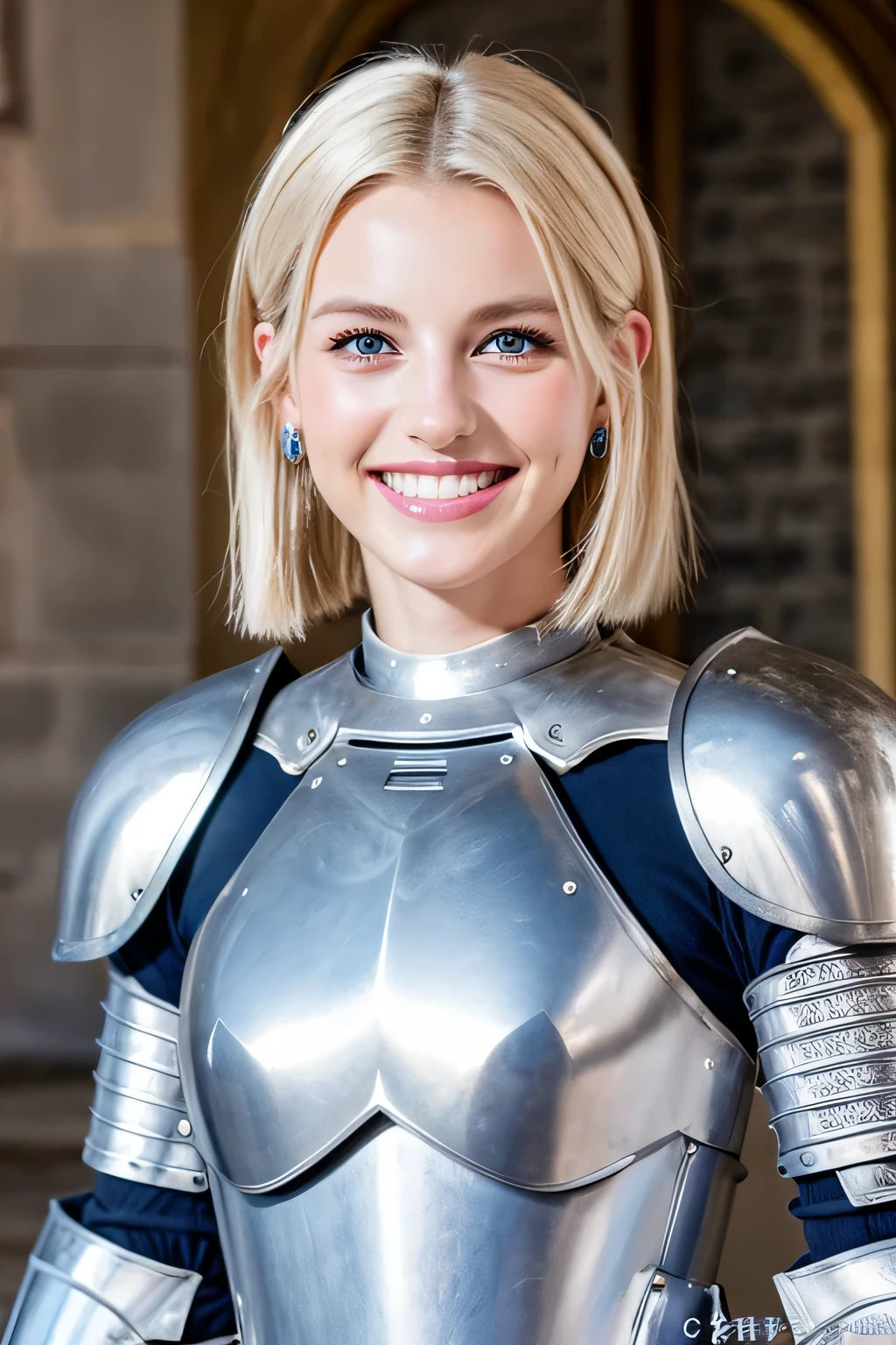 8K、highest quality、female knight、The background is the interior of a castle、Luxurious Silver Armor、、hairstyle short cut、smile、beautiful teeth、full body photo、ear piercing、blonde、white woman、blue eyes、heavy makeup、