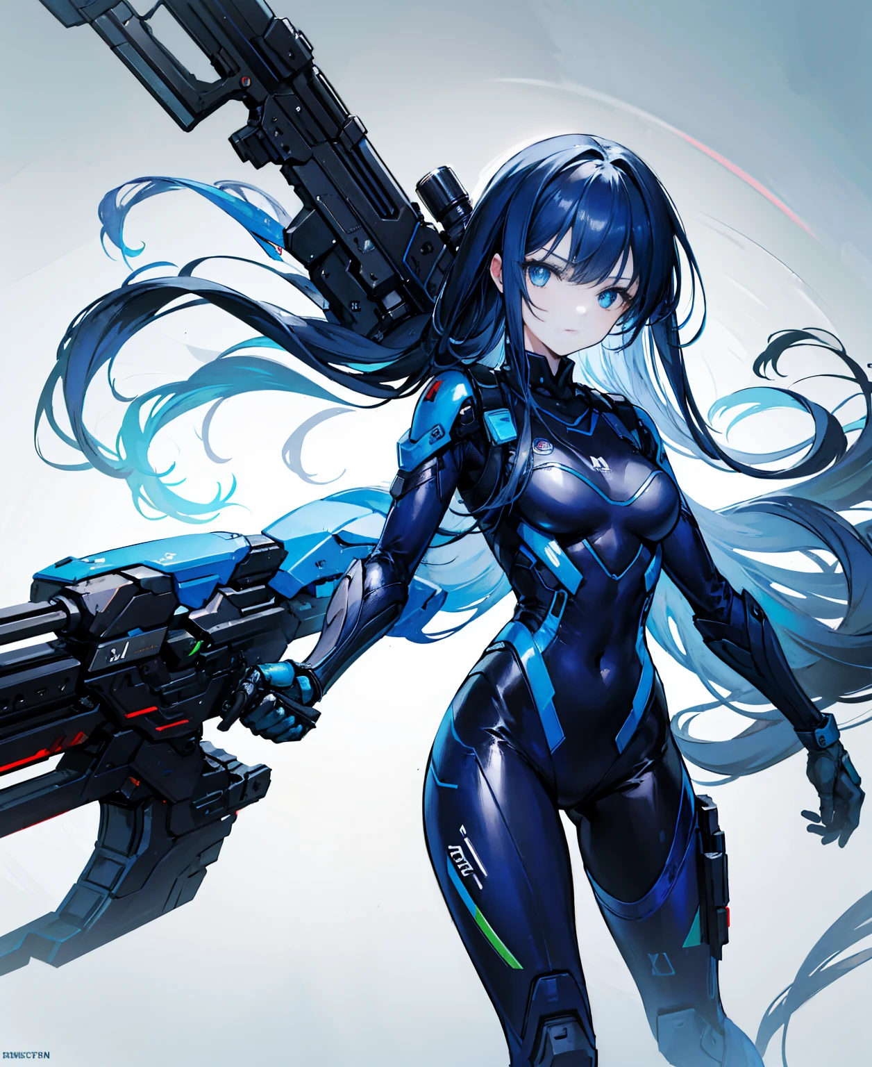 no background,girl,carry a firearm,Enamel-like tight suit,use of firearms,dark blue long hair,attention arousal,blue colored eyes,no gradation
