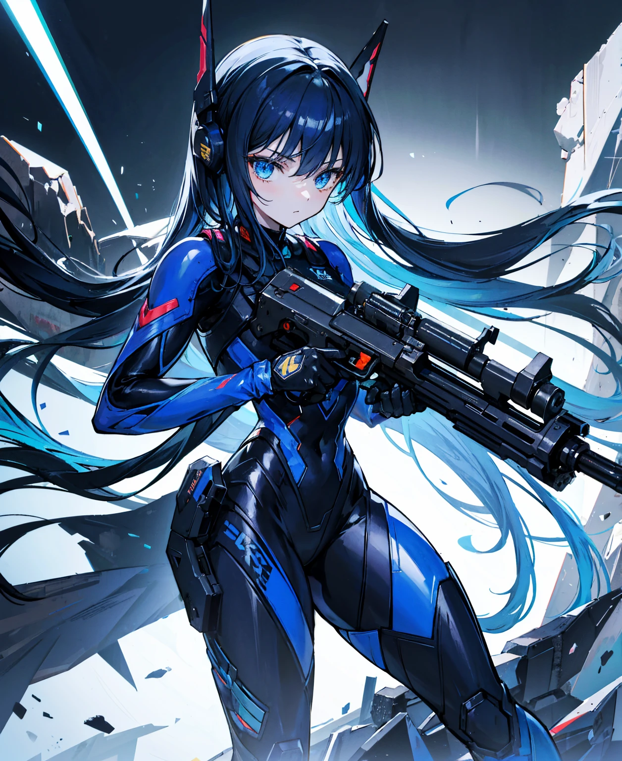 no background,girl,carry a firearm,Enamel-like tight suit,use of firearms,dark blue long hair,attention arousal,blue colored eyes,no gradation
