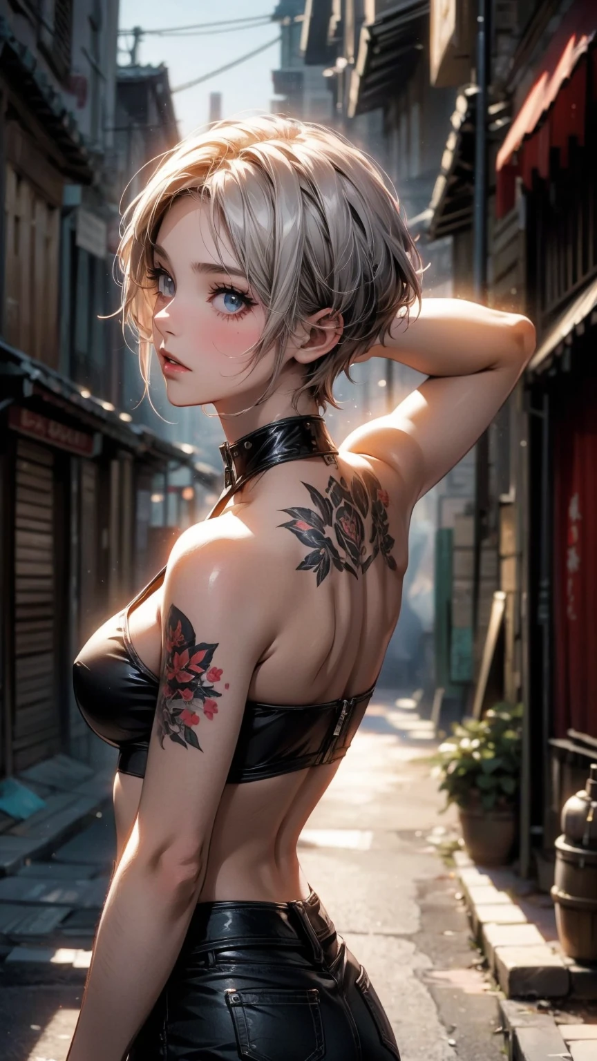 (masterpiece, High resolution, highest quality), ((20 year old woman, Composition from head to stomach, upper body focus)), looking up, detailed eyes, Floral tattoo covering the arm:1.2, Asymmetrical punk short hair:1.2, ash gray hair, , Solid Tube Top :1.3, hot pants, A deserted back alley in Paris:1.3, cinematic lighting, anime style, simple lines, digital painting