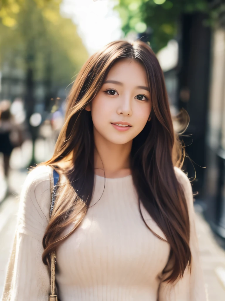 A beautiful Japanese shy girl, age 20 years old, light honey long hair, brown eyes, shiny lip, wearing long knit shirts and mini skirt, in London city scape, the background is blurry,