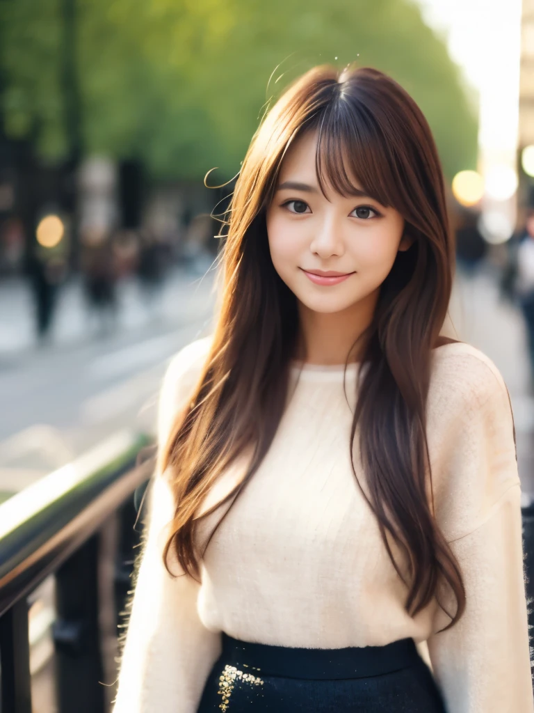 A beautiful Japanese shy girl, age 20 years old, light honey long hair, brown eyes, shiny lip, wearing long knit shirts and mini skirt, in London city scape, the background is blurry,