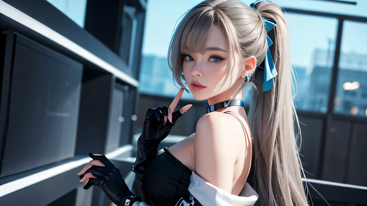 1 girl, aqua eye, reTurn, bangs, bare shoulders, black gloves, blue eyes, Braid, choker, earrings, fingerless gloves, from behind, gloves, gray hair, holding, JackeT, jewelry, long hair, looking aT The viewer, looking reTurn, nail polish, off shoulder, parTed lips, earrings, ponyTail, red JackeT, alone, Upper body,he did that&#39;T,[[realisTic]],(shiny skin),(masTerpiece:1.4),(highesT qualiTy:1.4)