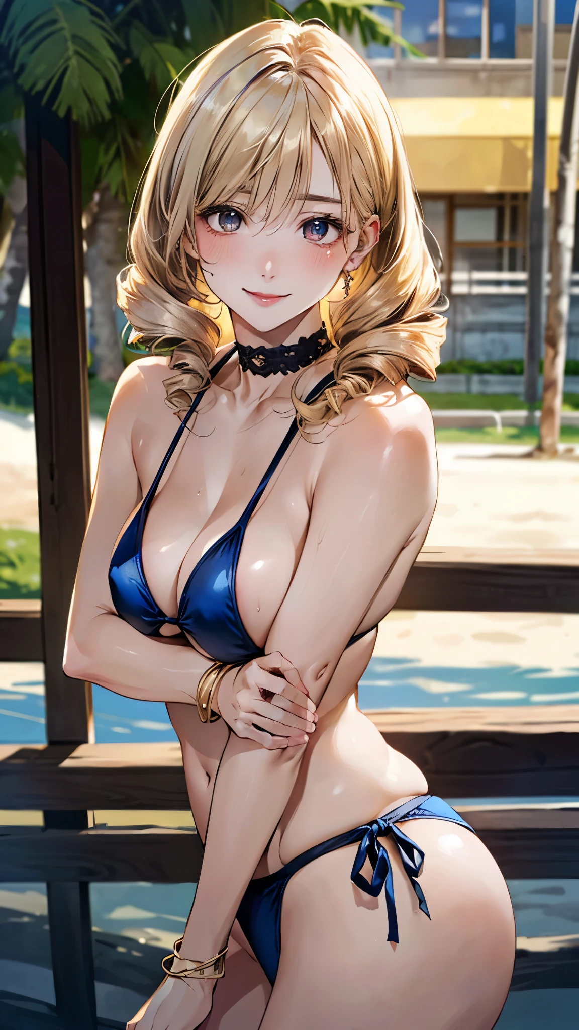(masterpiece:1.2, top-quality), (realistic, photorealistic:1.4), beautiful illustration, (natural side lighting, movie lighting), nsfw:1.2, 
looking at viewer, cowboy shot, 1 girl, japanese, gravure Idol, high school girl, perfect face, cute and symmetrical face, suntan, shiny skin, slender, 
(middle hair:1.4, drill hair:1.2, (blonde hair)), hair between eye, gold eyes, long eye lasher, (large breasts:0.8, big ass, thick thighs, seductive thighs), 
beautiful hair, beautiful face, beautiful detailed eyes, beautiful clavicle, beautiful body, beautiful chest, beautiful thigh, beautiful legs, beautiful fingers, 
((gorgeous bikini), choker, wrist chakra), 
(beautiful scenery), tropical beaches, (extremely sexy, erotic pose), (lovely smile, upper eyes),