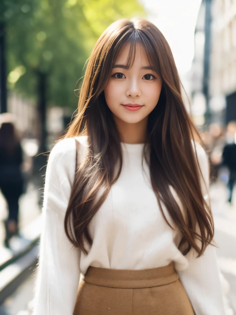 A beautiful Japanese shy girl, age 20 years old, light honey long hair, brown eyes, shiny lip, wearing long knit shirts and mini skirt, in London city scape, the background is blurry,