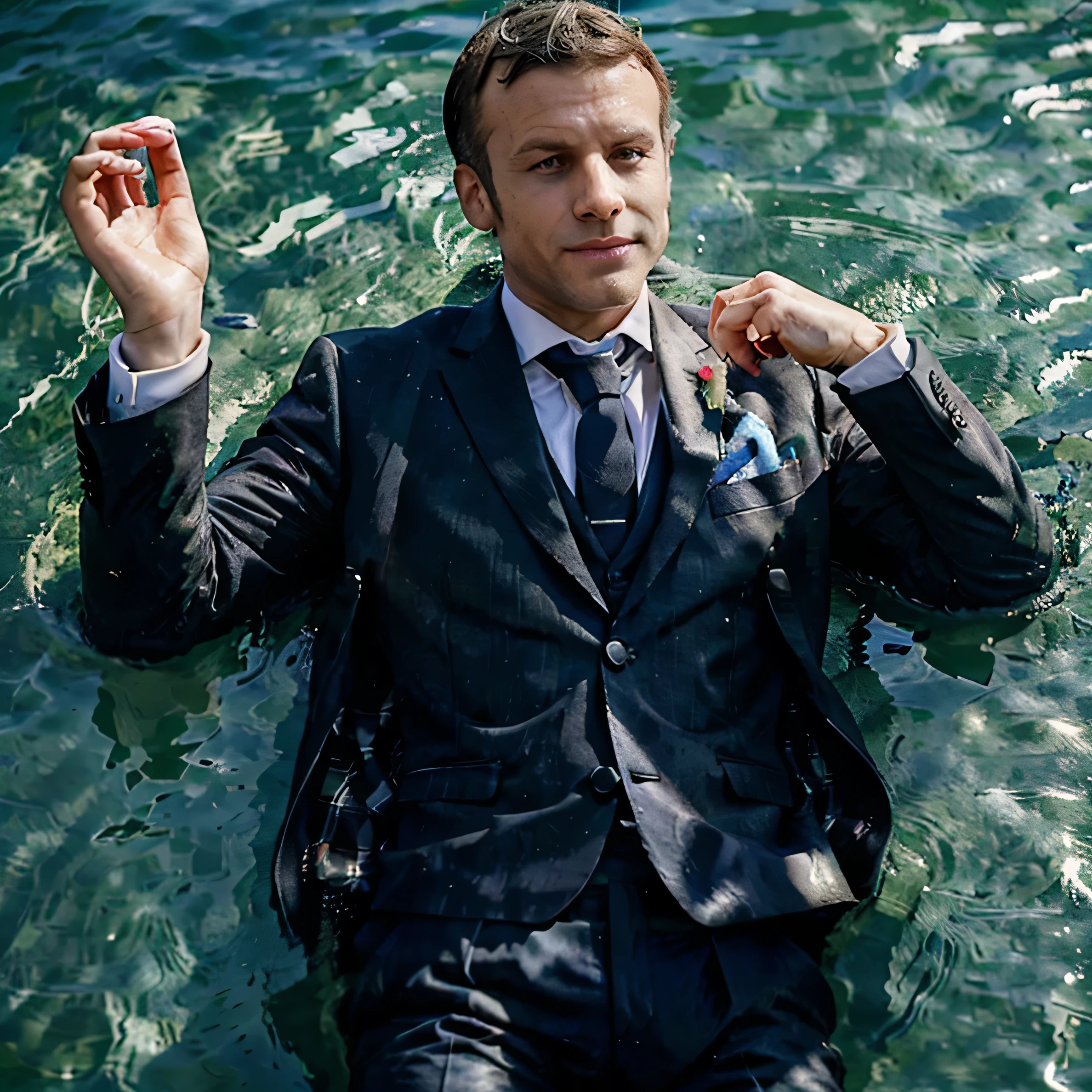 Macron in a suit and tie swimming in the Seine