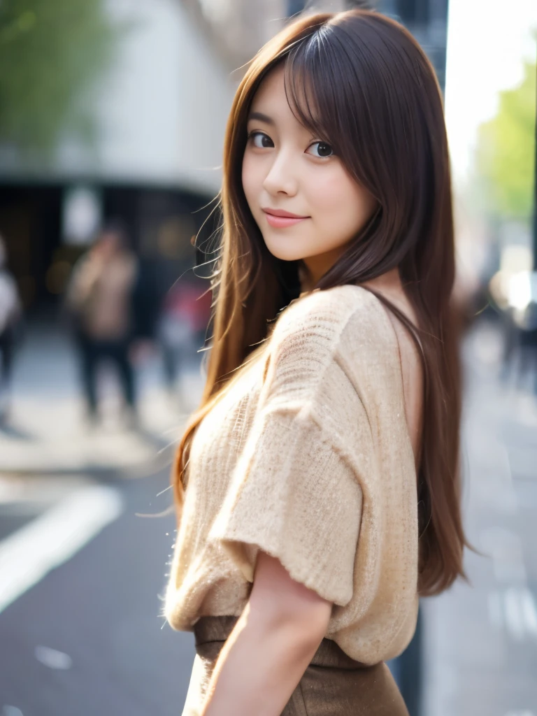 A beautiful Japanese shy girl, age 20 years old, light honey long hair, brown eyes, shiny lip, wearing long knit shirts and mini skirt, in London city scape, the background is blurry,