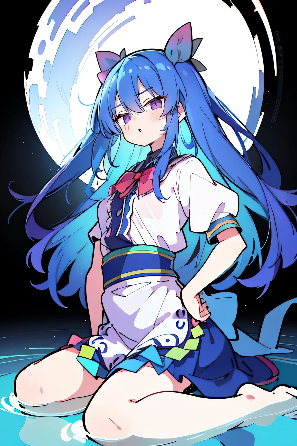 (masterpiece),best quality, expressive eyes, perfect face, 1girl,
 Put your hands on your waist,fair, Gorgeous,Japanese cartoons,girl,lola,Hina Angel, blue hair, blue haired, floating clothes,Grab your waist, Grab your waist, hands on hips , hands on hips,sit, sit on ground, Legs on the ground, flat chest