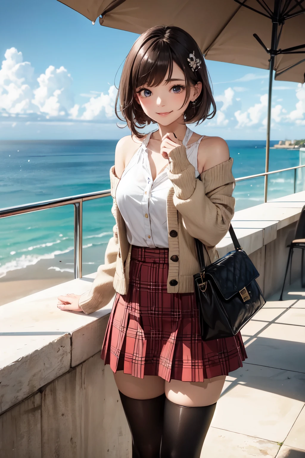 very cute and beautiful girl,teen,(highly detailed beautiful face and eyes),(white blouse),(smile),
(beige cardigan:1.15) BREAK (brown shoulder bag),(brown plaid mini skirt:1.2),zettai ryouiki,
hair ornament,black hair,black boots,cafe terrace,ocean view,
(best quality,masterpiece:1.0),absurdres,highres,ultra-detailed,extremely detailed,32k,8k resolution,
intricate details,cinematic scene,detailed background,solo,dynamic angle,
hair fluttering in the wind,beautiful detailed sky,