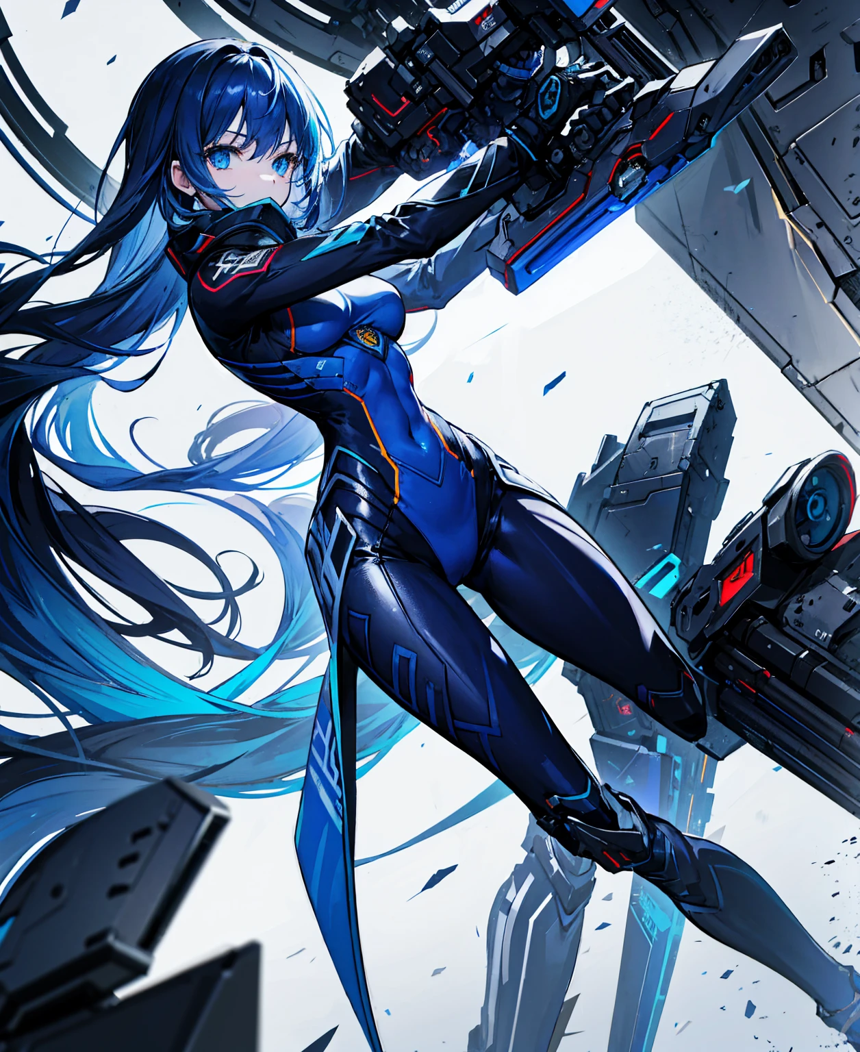 no background,girl,carry a firearm,Enamel-like tight suit,use of firearms,dark blue long hair,attention arousal,blue colored eyes,no gradation