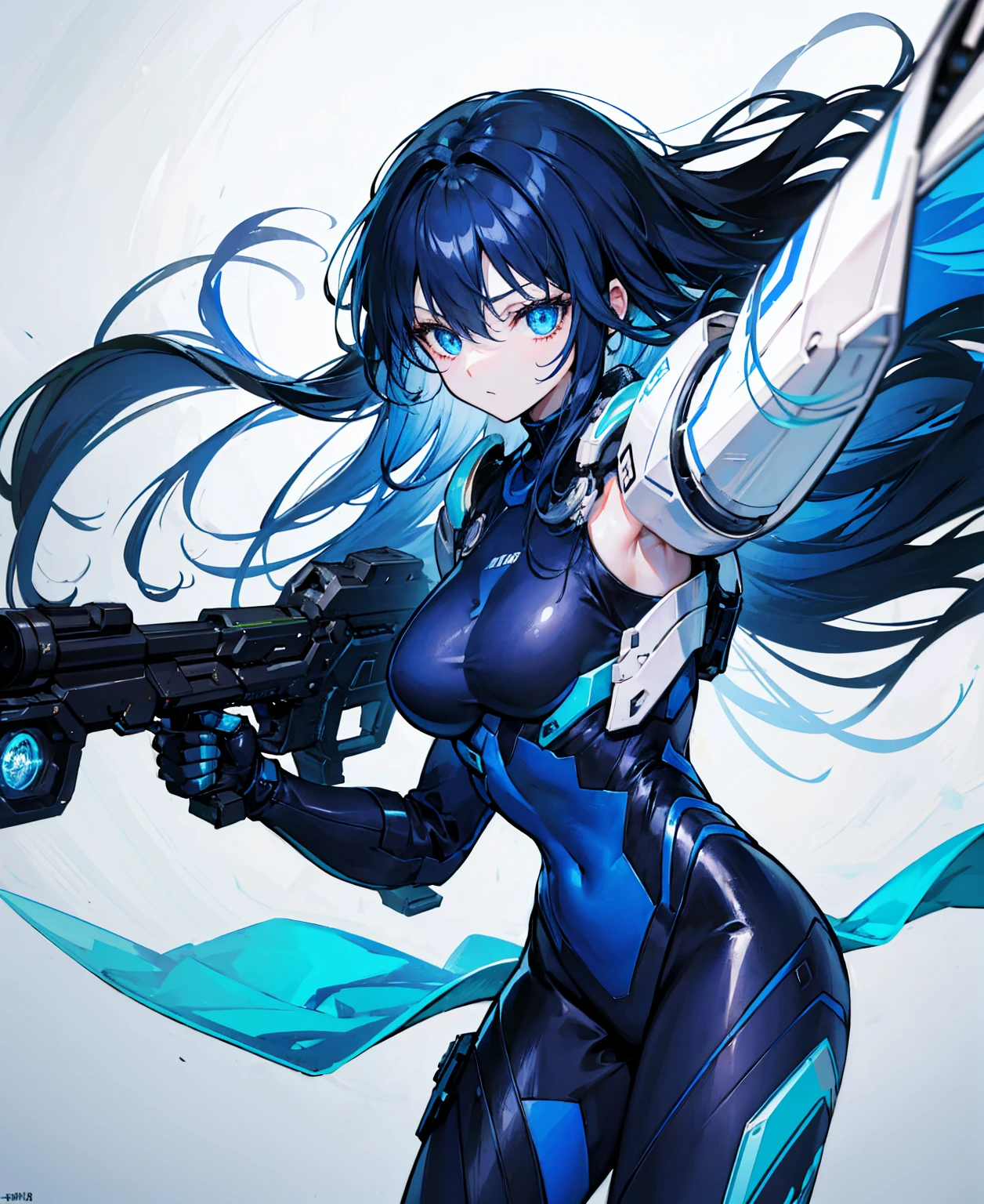 no background,girl,carry a firearm,Enamel-like tight suit,use of firearms,dark blue long hair,attention arousal,blue colored eyes,no gradation