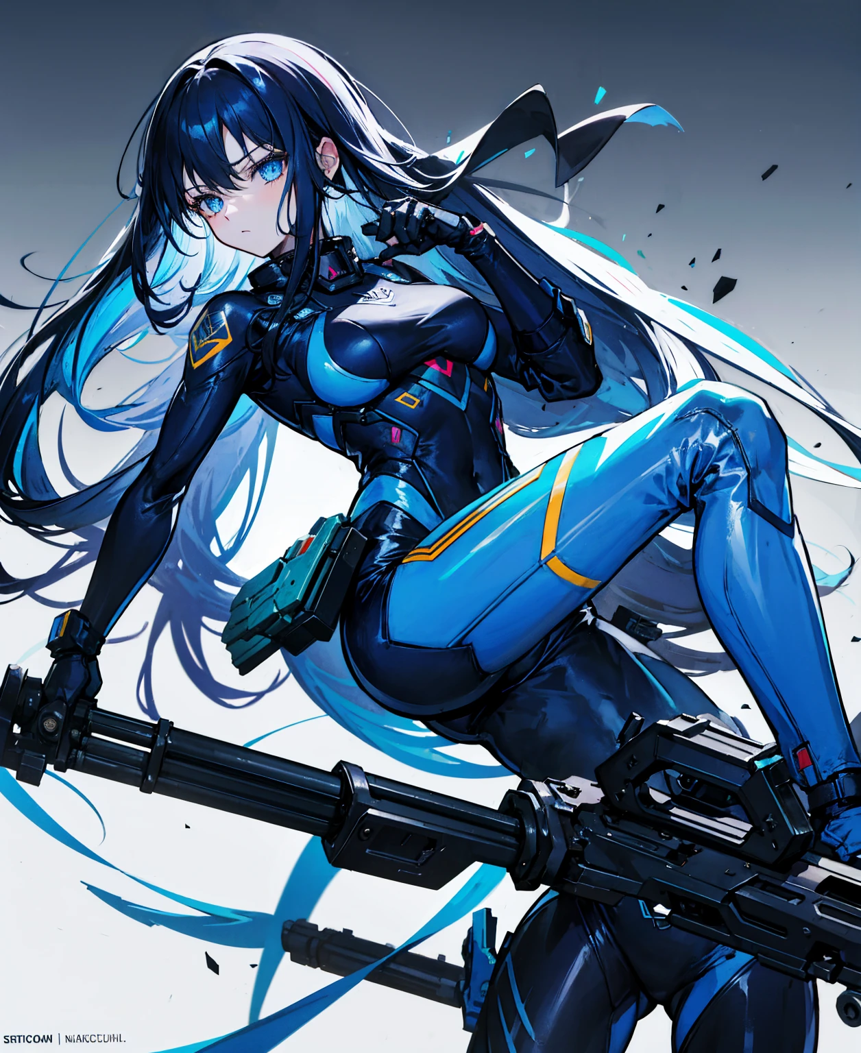 no background，girl，carry a firearm，Enamel-like tight suit，use of firearms，dark blue long hair，attention arousal，blue colored eyes,no gradation