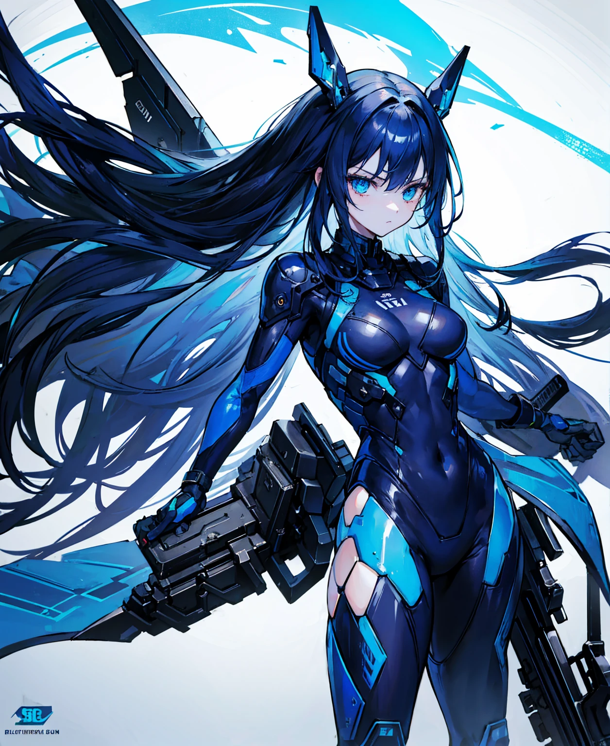 no background，girl，carry a firearm，Enamel-like tight suit，use of firearms，dark blue long hair，attention arousal，blue colored eyes,no gradation