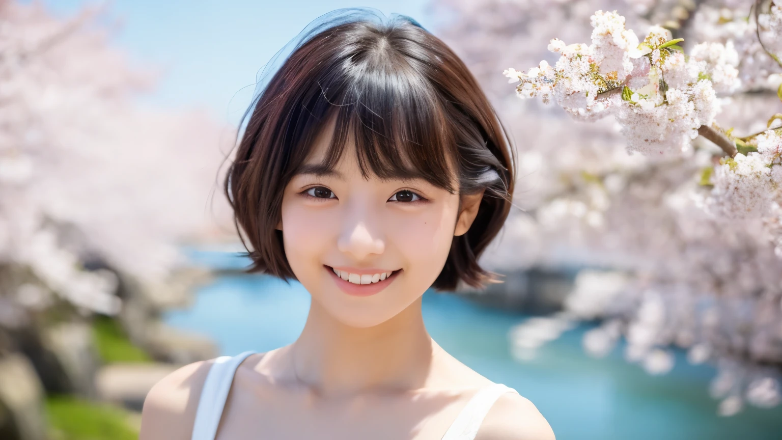 Young Japanese woman, 20s, white background, simple background, short bob, cherry-colored camisole, 4K, 8K medium, high resolution, beauty, beautiful eyes, simple, high resolution, alone, beautiful skin, beautiful skin, smile, coast in full bloom of cherry blossoms street