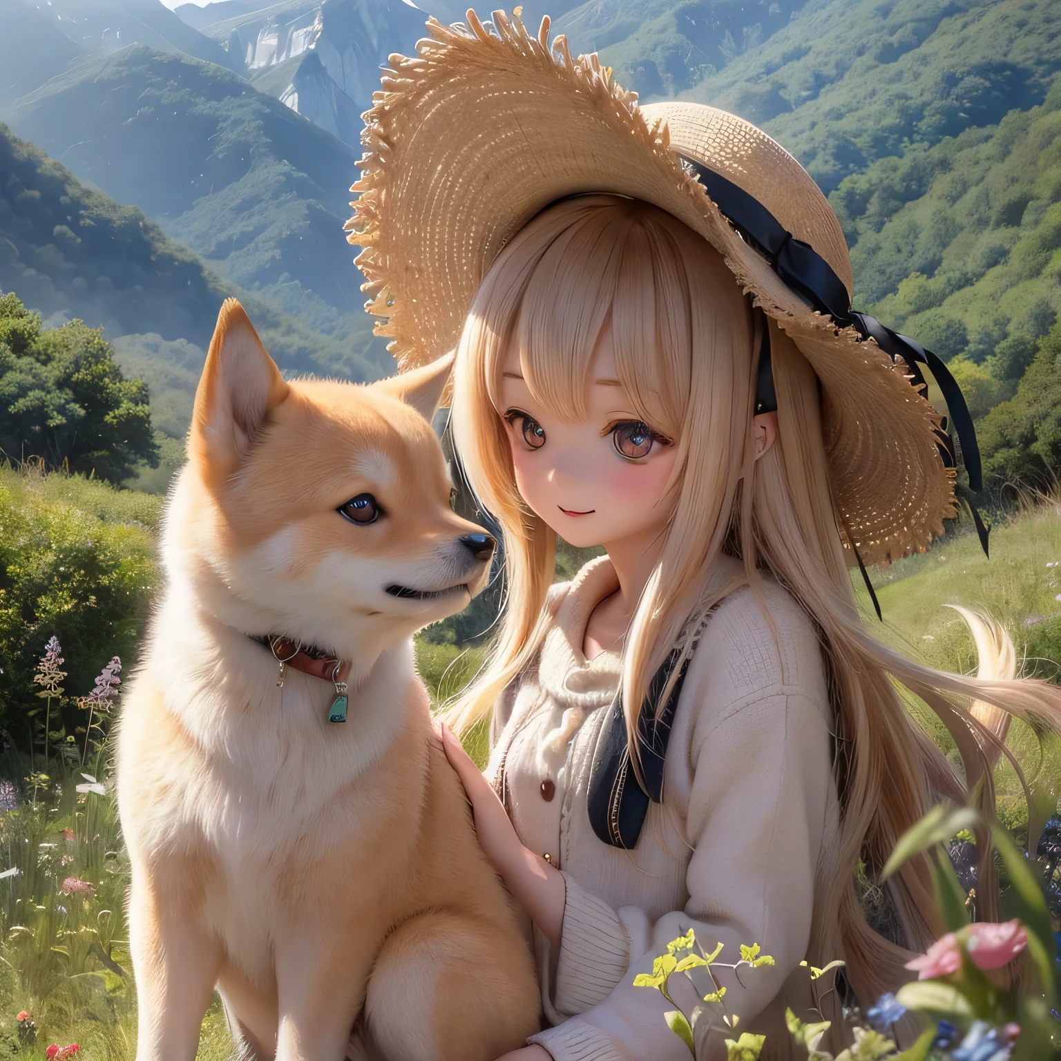 beautiful detailed eyes, long eyelashes, cute button nose, rosy lips, a girl playing with a Shiba Inu dog in a picturesque countryside scenery, warm sunlight casting golden hues on the landscape, soft green grass and flowers in bloom, a winding path leading up the tall mountains, lush trees standing tall, a serene atmosphere, the girl wearing a flowy dress and a wide-brimmed straw hat, smiling and showing pure joy in her eyes, the Shiba Inu wagging its tail and looking up at her with excitement, creating a heartwarming bond, a sense of adventure and exploration in the air, the mountains showcasing their majestic beauty, their peaks touching the clouds, the sound of birds chirping and leaves rustling in the gentle breeze, capturing a perfect moment in time, (best quality, HDR, ultra-detailed, photorealistic)