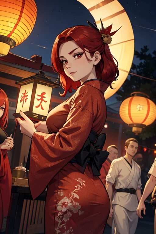 A red haired woman with red eyes with an hourglass figure in a conservative traditional kimono is holding a lantern in a festival