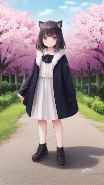 cat　full body portrait,(Photoreal:1.3),(Raw photo)　highest quality,Ultra high resolution output image), (8K quality),(Image mode Ultra HD),nikon, 8K,Cherry tree、Garden Style、Cat、The whole body is cute、Beautiful smile、Beautiful coat