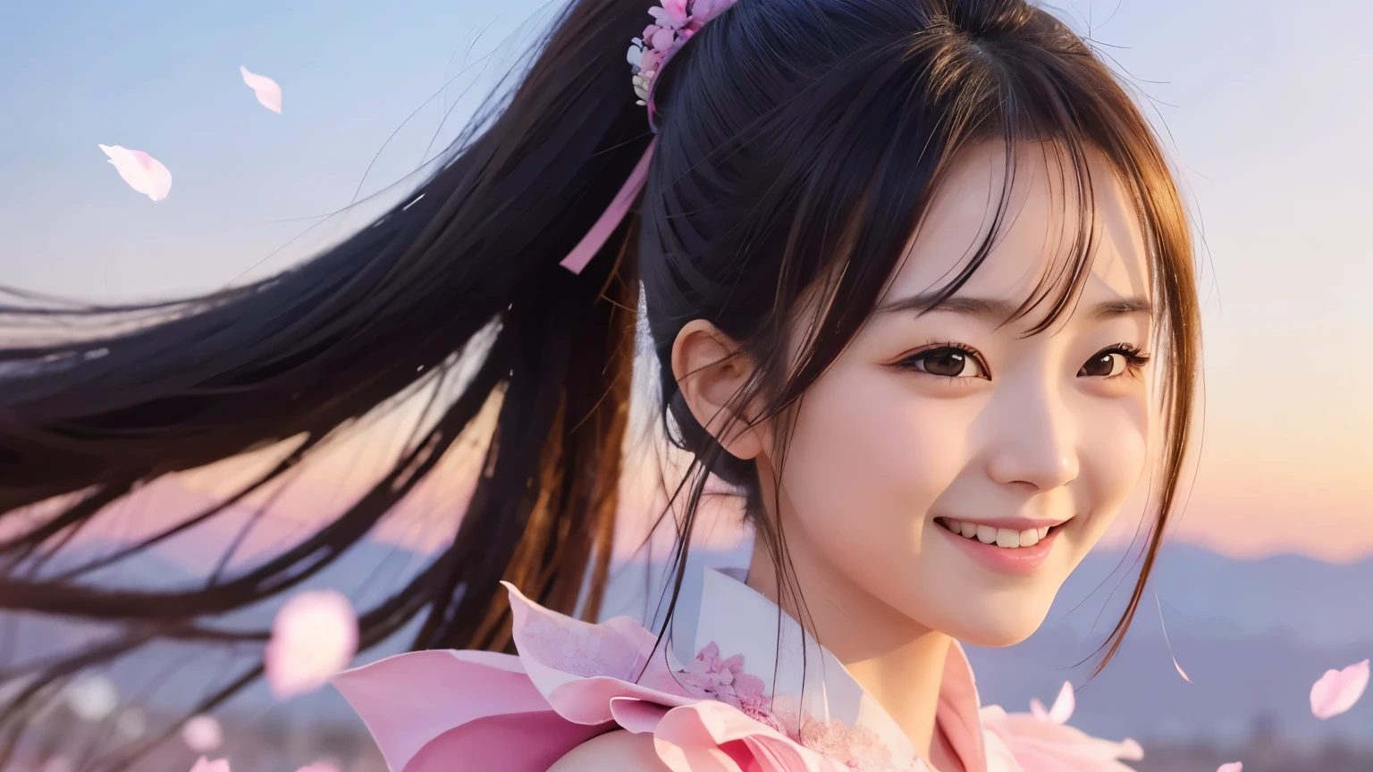 young japanese girl, , Medium long wavy ponytail, smiling girl,Crystal Ideam close-up, pink costume, V-chest,big breasts,flower field background,(highest quality:1.7), high fidelity , high reality , Ultra high precision , Photoreal ,  global illumination,