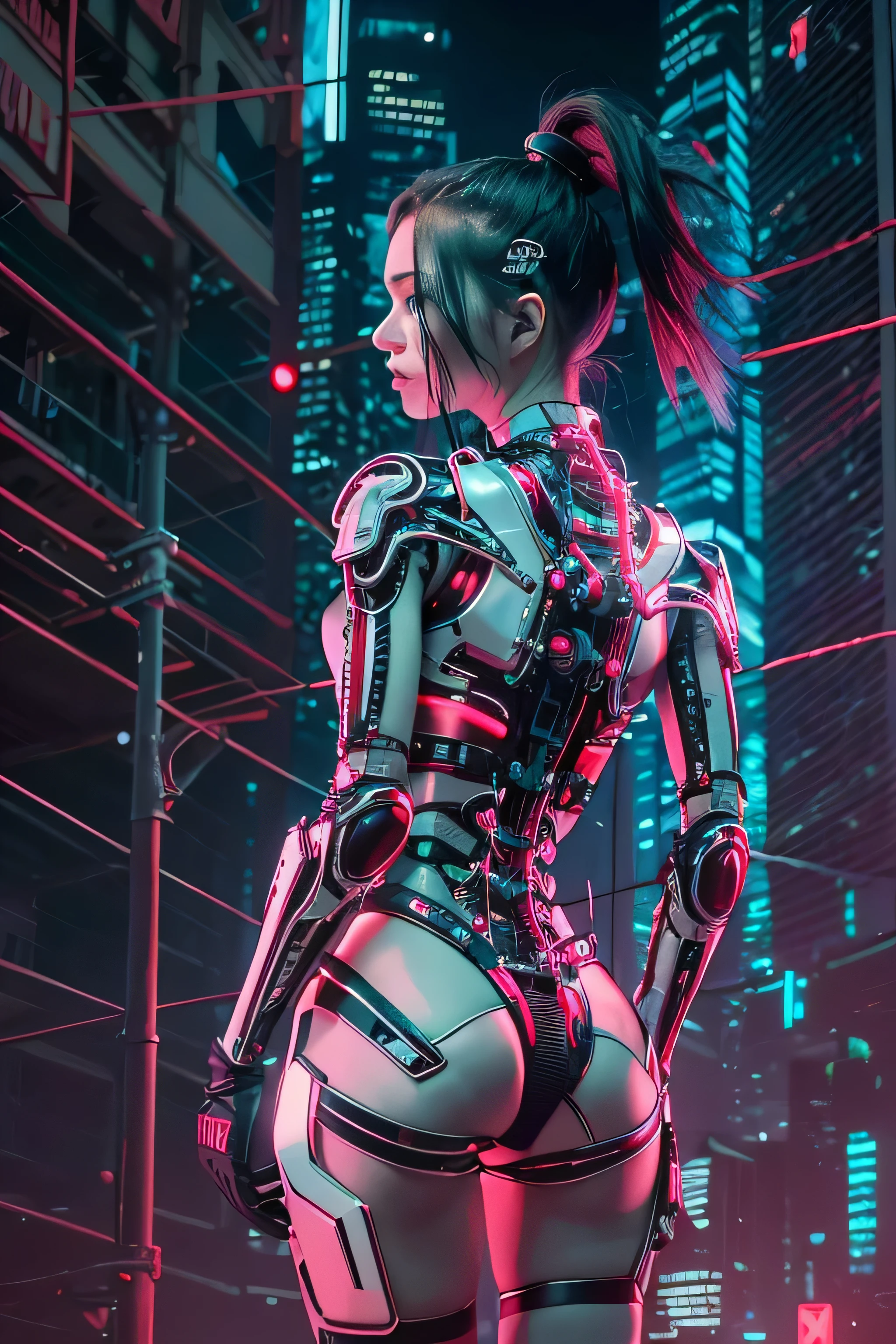 highest quality, masterpiece, ultra high resolution, ((realistic: 1.4), Raw photo, 1 Cyberpunk Girl, black hair, Glossy and glossy skin, 1 Mechanical Girl, (surreal details)), cinematic lighting, deep shadow, octane rendering, 8K, super sharp, Metal, intricate decorative details, egyptian details, very intricate details, realistic light, CG Society Trend, towards the camera, neon light details, mechanical limbs, blood vessels connected to tubes, mechanical vertebrae attached to the back, Mechanical cervical attachment to the neck, Wires and cables connecting to the head, Evangelion, bright little light, (Glowing cyberpunk cityscape in the background).(Raw photo:1.2),camel toe,hollow on,sweat legs,, smooth pink skin, shiny Metallic glossy skin, shiny,spread legs shaped legs,angry look,Bad mood,Irritated, all over the body,Looks like a whole body