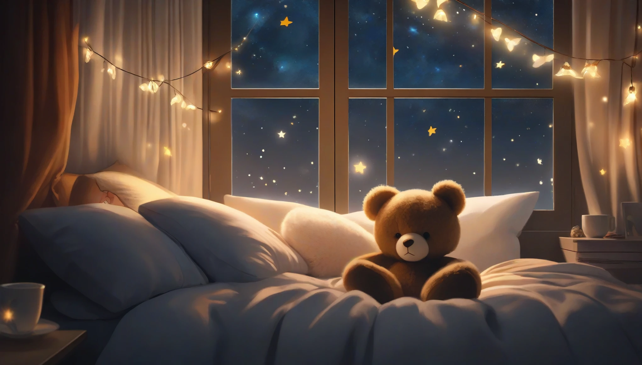 (best quality,4k,8k,highres,masterpiece:1.2),ultra-detailed,(realistic,photorealistic,photo-realistic:1.37),soft lighting,cute girl with closed eyes,peaceful sleep,fluffy pillows and duvet,adorable teddy bear on the bed,gentle glow from string lights,curtains gently blowing in the night breeze,dreamy atmosphere,magical starry sky outside the window,pixiv-inspired art style,colorful and vibrant palette,tranquil and cozy bedroom,whimsical dreamscape