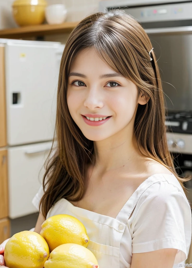 20 year old beautiful girl、Highest image quality、realistic、16K、Beauty、long hair、With bangs、slim、apron、In a white-themed kitchen、Standing、大きなlemonを手に持って、キッチンにはたくさんの大きなlemon、lemon、panoramic、Taken from a distance、smile