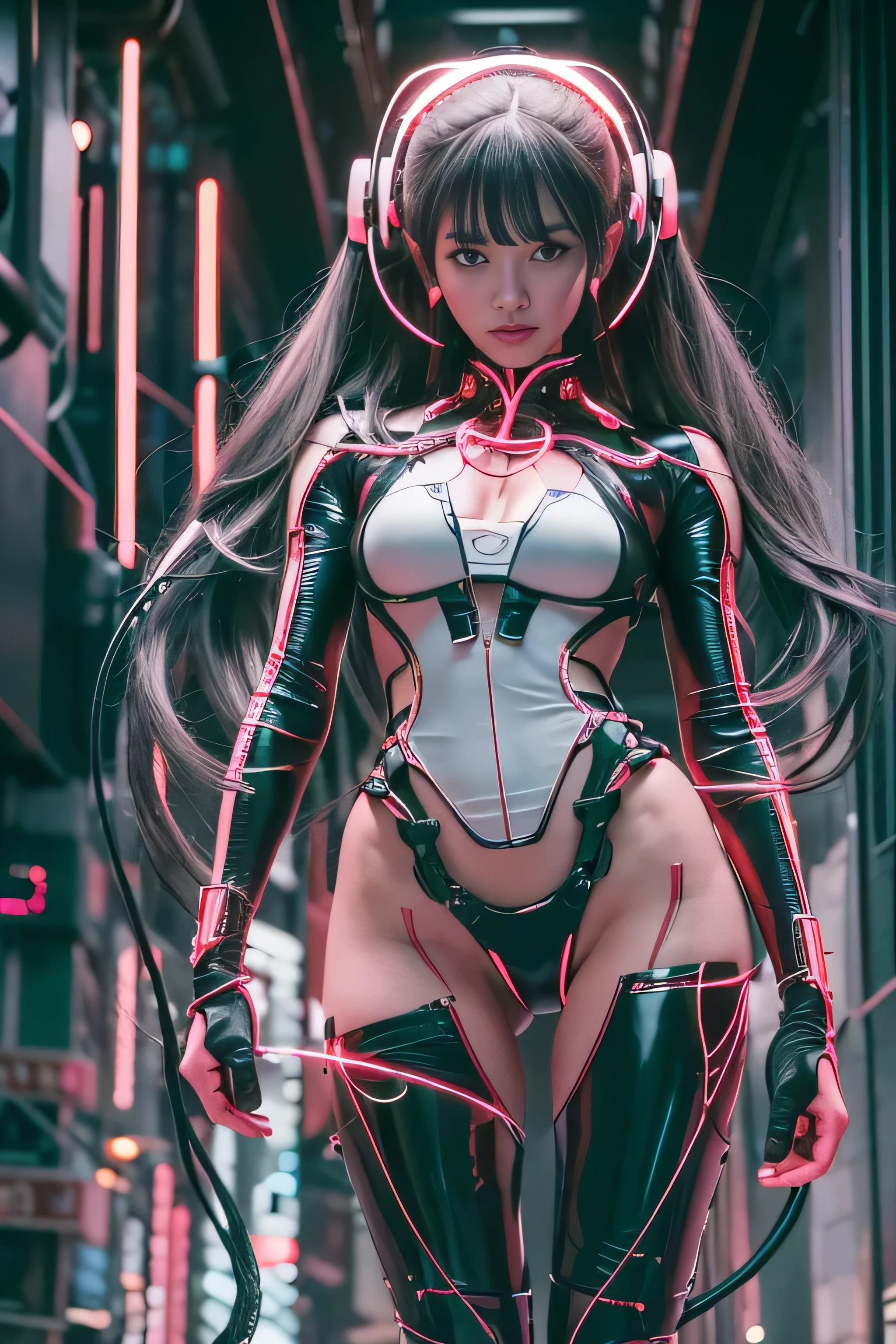 highest quality, masterpiece, ultra high resolution, ((realistic: 1.4), Raw photo, 1 Cyberpunk Girl, black hair, Glossy and glossy skin, 1 Mechanical Girl, (surreal details)), cinematic lighting, deep shadow, octane rendering, 8K, super sharp, Metal, intricate decorative details, egyptian details, very intricate details, realistic light, CG Society Trend, towards the camera, neon light details, mechanical limbs, blood vessels connected to tubes, mechanical vertebrae attached to the back, Mechanical cervical attachment to the neck, Wires and cables connecting to the head, Evangelion, bright little light, (Glowing cyberpunk cityscape in the background).(Raw photo:1.2),camel toe,hollow on,sweat legs,, smooth pink skin, shiny Metallic glossy skin, shiny,spread legs shaped legs,angry look,Bad mood,Irritated, all over the body,Looks like a whole body