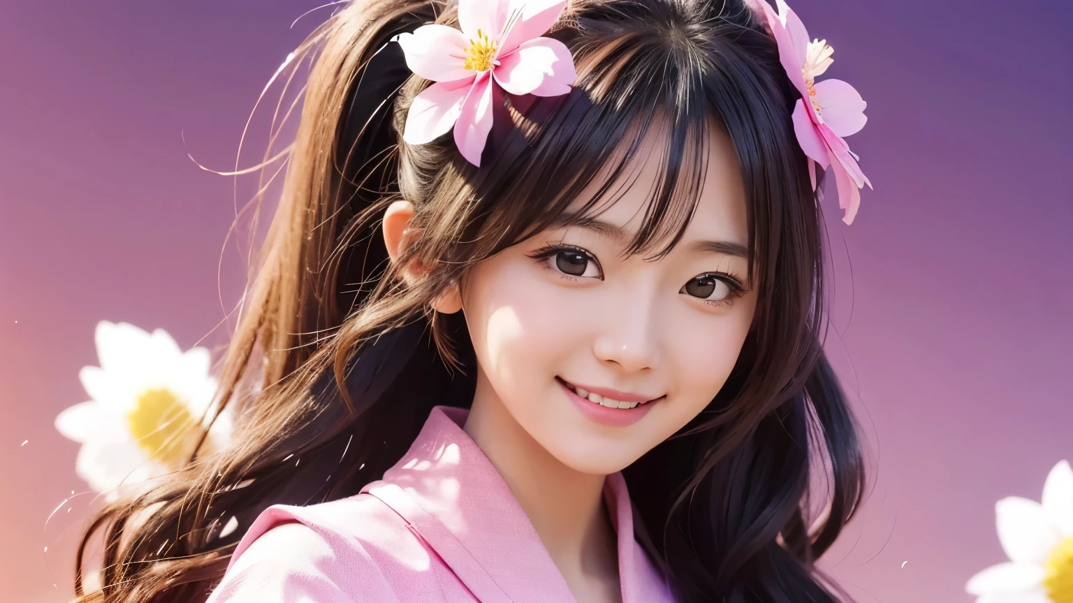 young japanese girl, , Medium long wavy ponytail, smiling girl,Crystal Ideam close-up, pink costume, V-chest,big breasts,flower field background,(highest quality:1.7), high fidelity , high reality , Ultra high precision , Photoreal , global illumination,