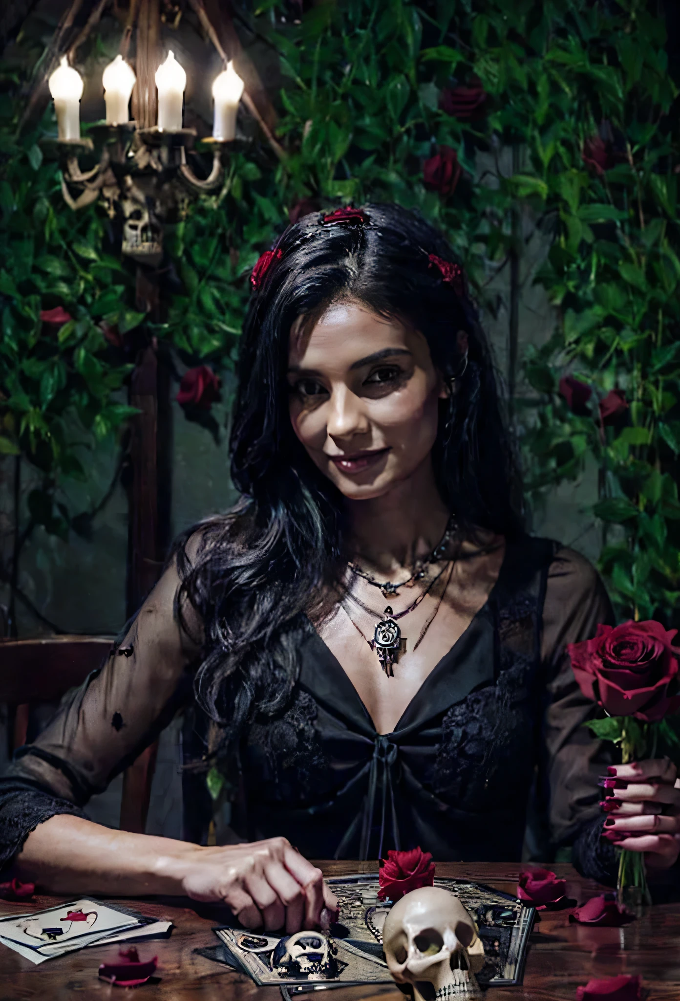 a woman with black hair, thin, look of suspense, a mystical woman, person who generates confidence, mature woman, age 40, with a (red rose on her head), charming smile, sitting at the table (playing tarot), with a (skull skull on the table). She wears a dark, black dress, with small red details, and a skull necklace. Perfect hands, holding the cards.