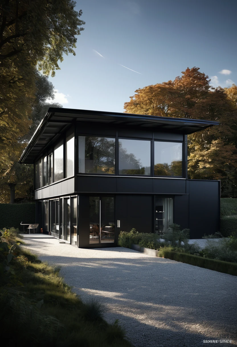 Maison de style Bauhaus, maison de verre avec un toit en pente, moderne, Dynamique (Photo brute, real, best quality, chef-d'artwork:1.2), (hyper realistic, photo-realistic:1.2), high quality, (dark lighting:1.2), Perfect lighting, Archiquotidien
