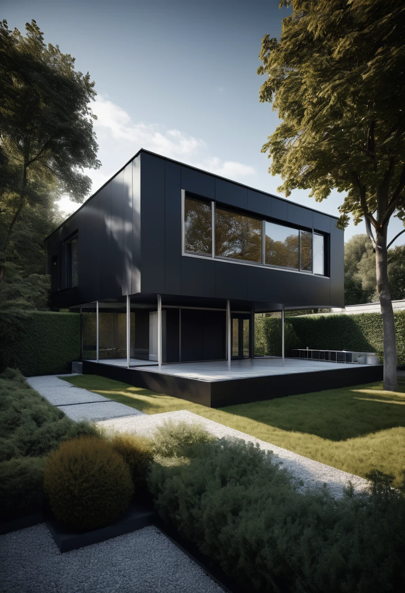 Maison de style Bauhaus, maison de verre avec un toit en pente, moderne, Dynamique (Photo brute, real, best quality, chef-d&#39;artwork:1.2), (hyper realistic, photo-realistic:1.2), high quality, (dark lighting:1.2), Perfect lighting, Archiquotidien