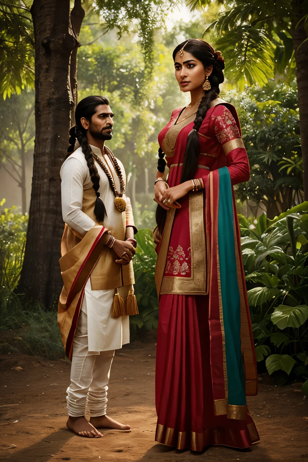 (Realistic:1.5), Indian woman with long, dark braids and tall stature, stands confidently next to a short man, contrasting heights, detailed facial features with expressive eyes, Indian ethnic wear with vibrant colors and intricate patterns, soft natural light illuminates the scene, full body shot, angle from the side, detailed textures and shading, quality: 4K, hyper-realistic rendering.
A tall Indian woman, adorned in traditional ethnic attire and long, dark braids, towers over a short man as they compare heights in this detailed and captivating scene. Her expressive eyes convey a sense of confidence and pride, while the soft natural