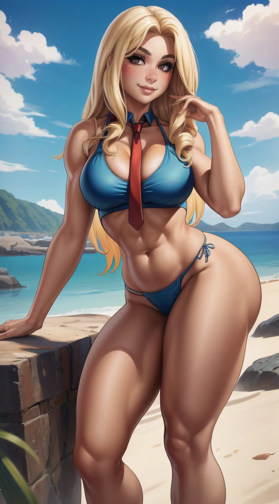 (best quality:1.3), (4K quality),  ((detailed face)),((smile)), ((curvy body)), (big breasts), sexy, (( long hair )), ((blue sky)), ((leaning forward)), looking at viewer, necktie, blond hair BLOND  hair, 1girl, arm strap, arm up, bare shoulders, beach, bikini tan, clothes, breasts UDE , cloud, colored tips, cowboy shot, cutoffs, gradient hair, halterneck, highleg, highleg bikini, large breasts, looking at viewer, medium breasts,  midriff, nail polish,, outdoors, mascara, medium hair, big breasts, fat breasts, full body, thick thighs