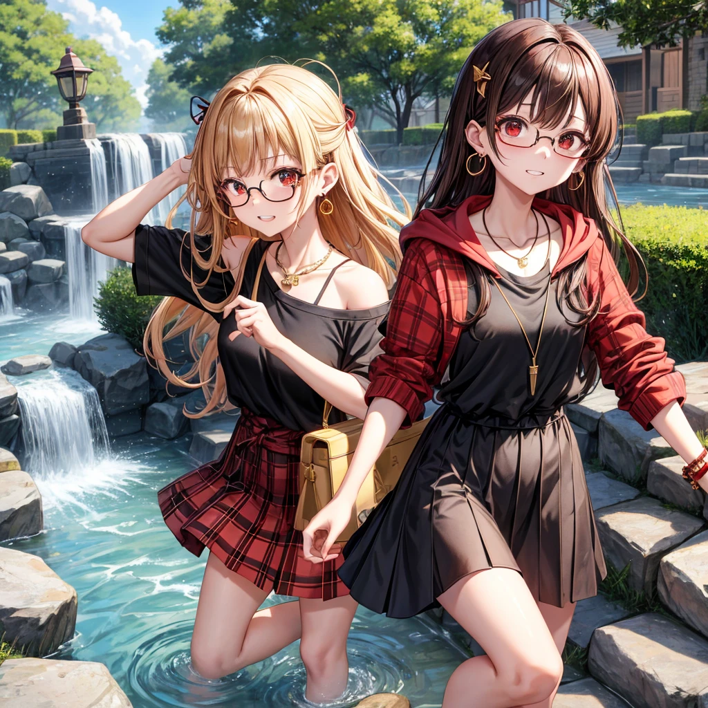 Brown, red, gold, golden hair、red eyes、one good looking girl、solo、anime、plaid mini skirt、black camisole、black t-shirt、hoodie、wearing a ribbon、ribbon at waist、Crystal Earrings、Gemstone Necklace、Light and shadow、Tilting face、teeth are visible、pillar、evil looking face、Kuroko、Diamond dust、grassland、Water running down the stairs、overflowing、Ants are walking、sulking、is increasing、Wear glasses