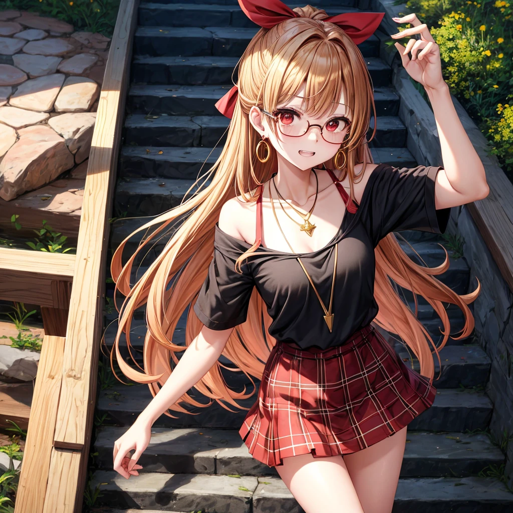 Brown, red, gold, golden hair、red eyes、one good looking girl、solo、anime、plaid mini skirt、black camisole、black t-shirt、hoodie、wearing a ribbon、ribbon at waist、Crystal Earrings、Gemstone Necklace、Light and shadow、Tilting face、teeth are visible、pillar、evil looking face、Kuroko、Diamond dust、grassland、Water running down the stairs、overflowing、Ants are walking、sulking、is increasing、Wear glasses