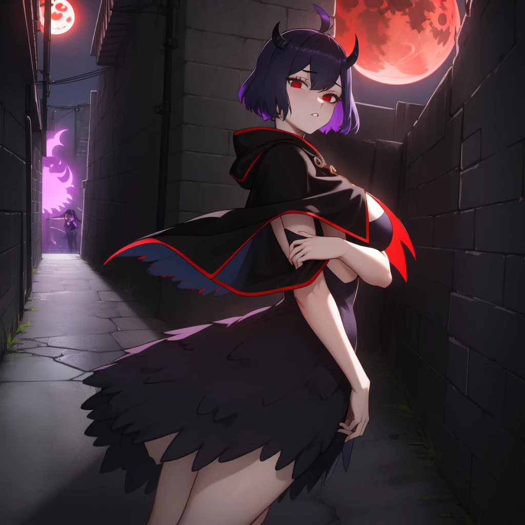 best quality,masterpiece, (secre alone, horns,black capelet, black open dress, large breasts,naked,looking at viewer,dark alley,night,ravens(red moon)neon lights 