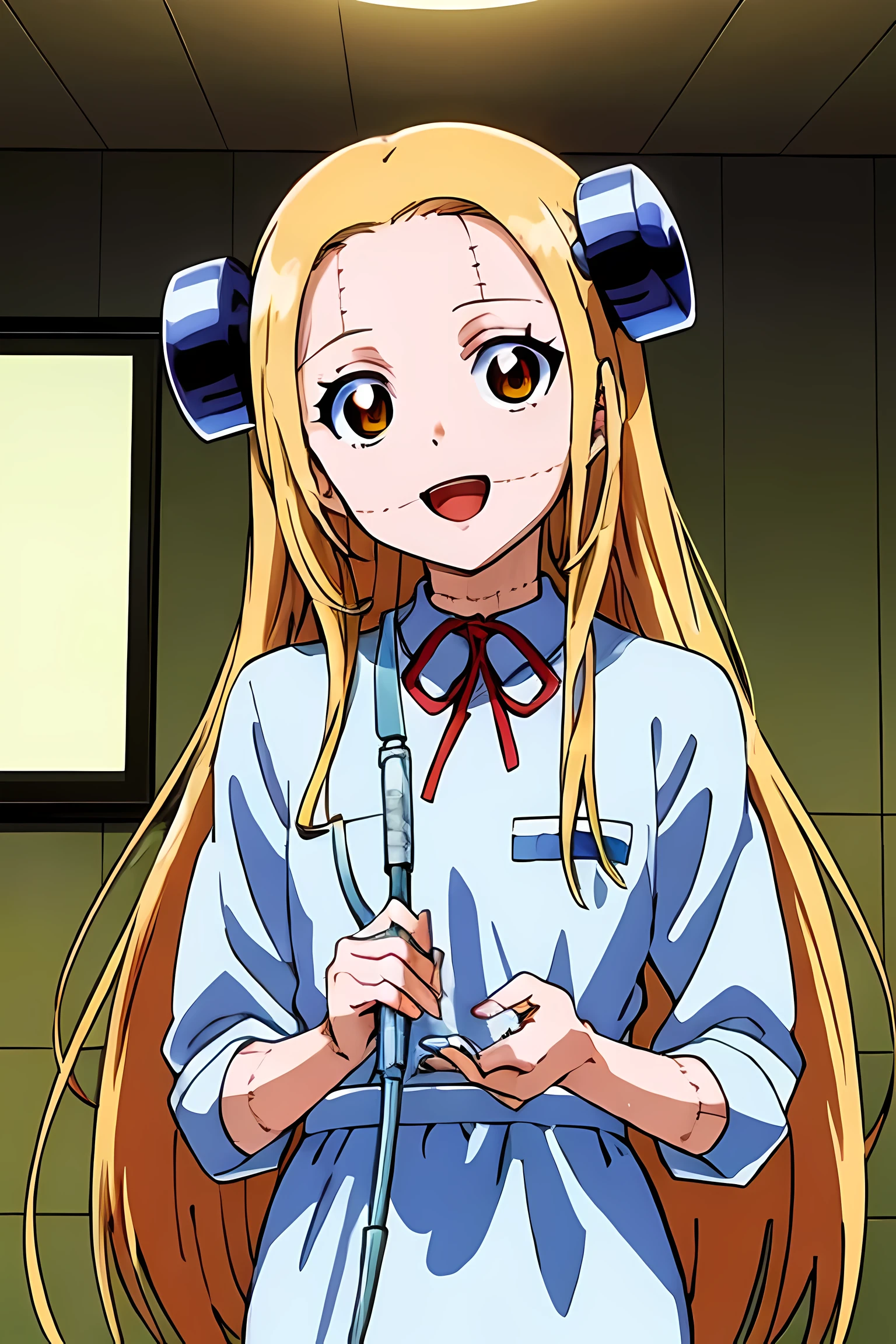 (highest quality:1.3),(ultra-become familiar with:1.5),High resolution,extremely become familiar with CG,unity 8k wallpaper,official art,become familiar with,super become familiar with skin,perfect anatomy,beautiful become familiar with eyes,(anime screenshot:1.11),very delicate and beautiful,(90s anime,90s anime style,cel shaded anime:1.17),1 girl,anmnr, 
((madaraki_fran:1.52)),Light blonde long hair,brown eyes,((((wearing surgical gown)))),stitch,body scars,Creepy look,open mouth smile,Drooping eyes,