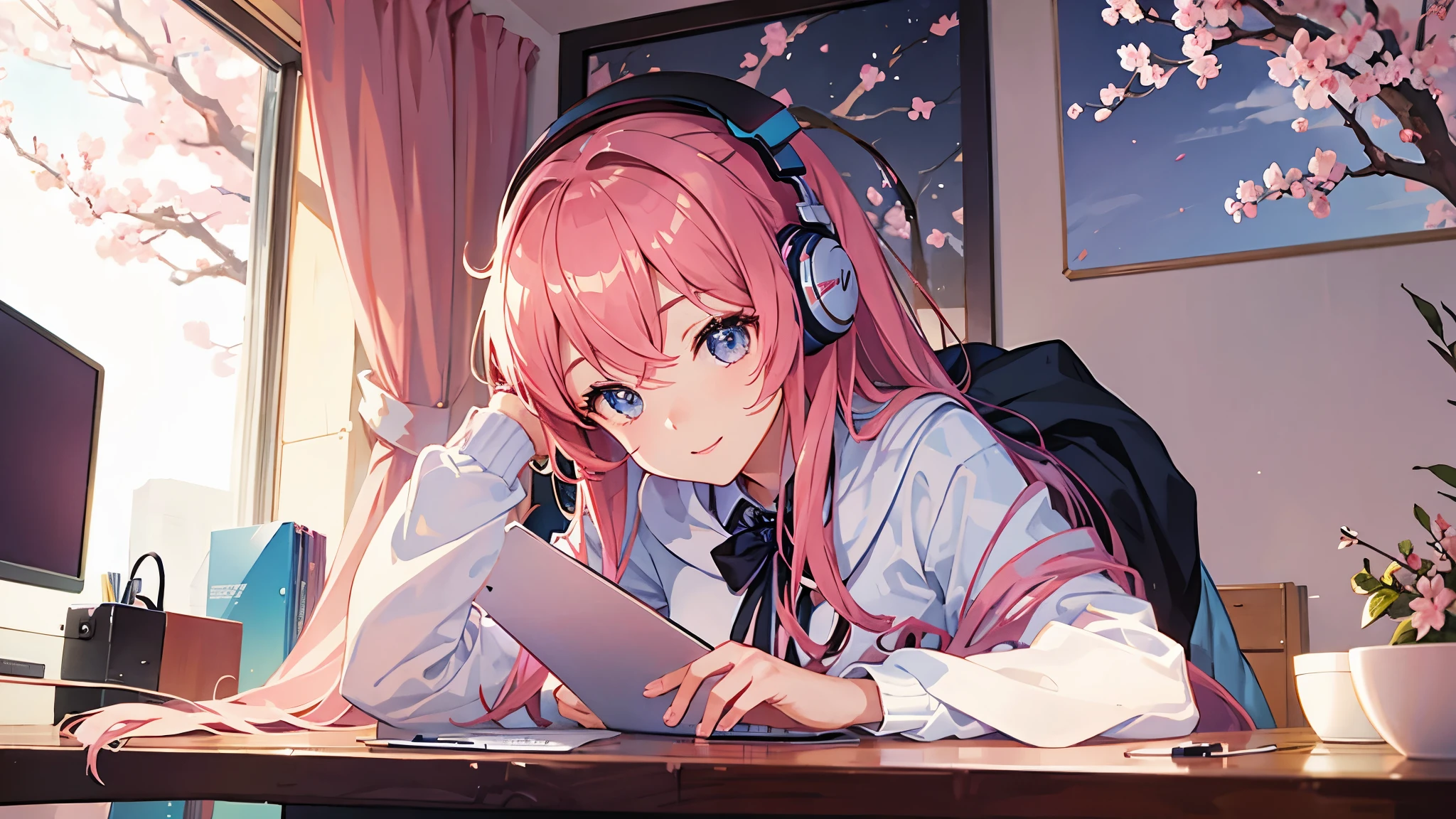 Woman wearing headphones, Anime Style 4 k, anime wallpaper 4k, anime wallpaper 4k, 4k anime wallpaper, anime art wallpaper 4k, anime art wallpaper 4k, Anime Style. 8K, Anime atmosphere, , Ultra HD Anime Wallpaper, Anime Art Wallpaper 8K, Anime Background,landscape、reading、Home