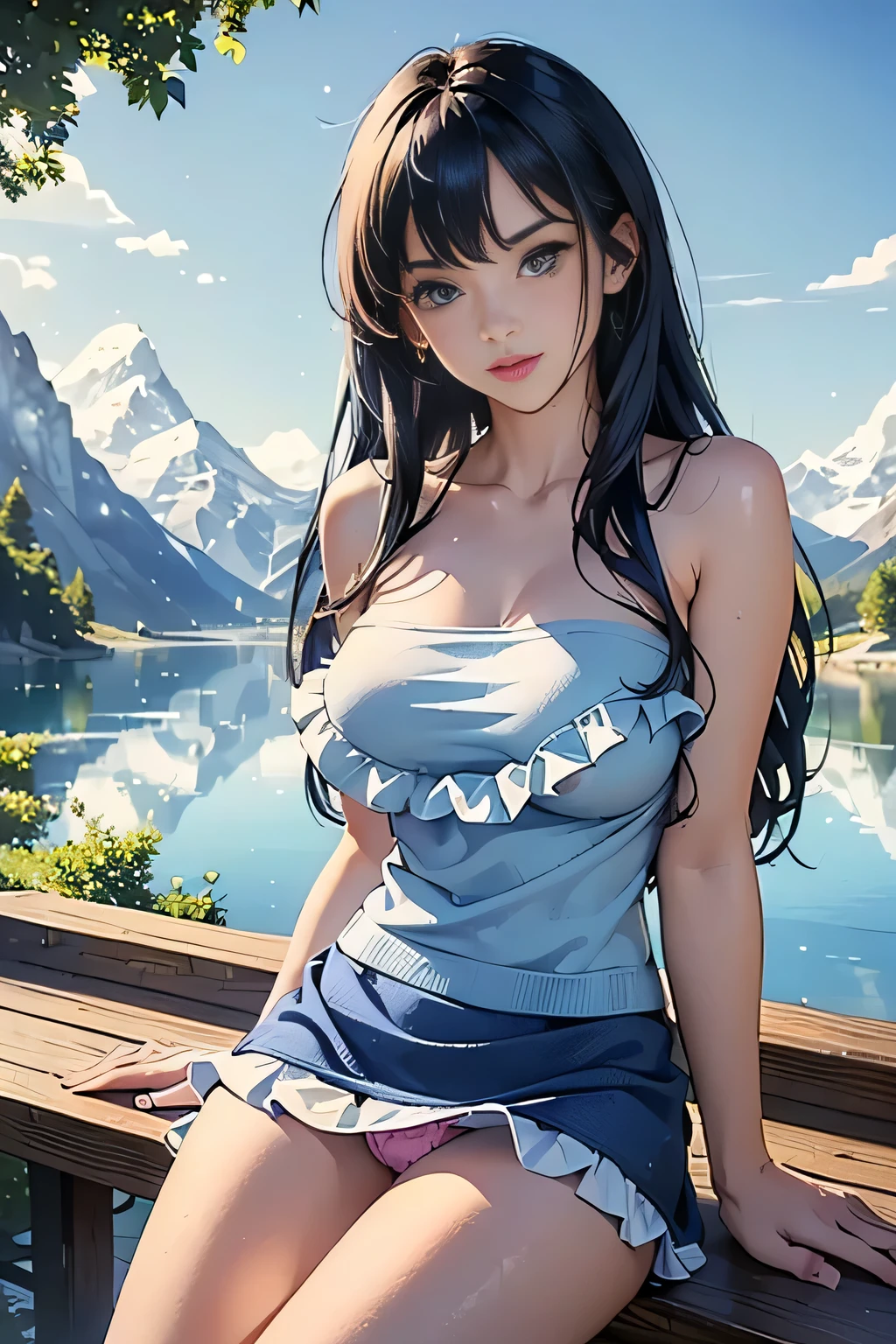 ((semi long beautiful dark blue hair,beautiful blue eyes)),(solo),((masterpiece, highest resolution,best quality)), (beautiful illustration),(Bright blue one piece sexy knit sweater),((topless, beautiful medium , pink nipples)),(Lying on the cafe table,knees up,legs wide open),wet gleaming skin,Vulgar,(nsfw),
low angle,from below,((masterpiece, highest resolution,best quality)), (beautiful illustration),(Bright blue one piece sexy knit sweater),beautiful icy lake and mountains,flowers,trees,snow,blue sky,
(looking at the viewer),((face toward the viewer)), ((sexy cute mini skirt and elegant beautiful white frilled panties)), innocent sexy smile,Embarrassed,orgasm,mouth open,showing teeth,cinematic lighting,