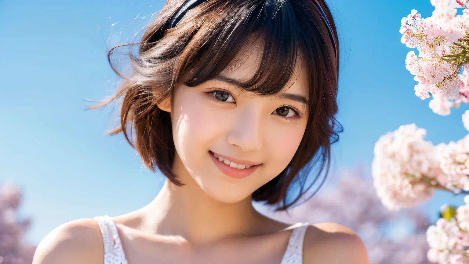 Young Japanese woman, 20s, white background, simple background, short bob, cherry-colored camisole, 4K, 8K medium, high resolution, beauty, beautiful eyes, simple, high resolution, alone, beautiful skin, beautiful skin, smile, coast in full bloom of cherry blossoms street